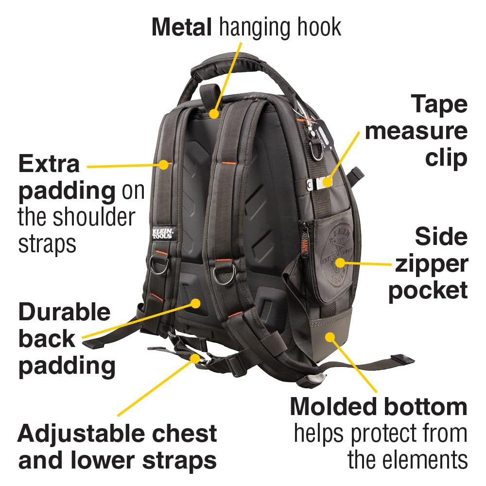 Klein Tools 55485 Professional Electrician Tool Backpack - Heavy Duty 48-Pocket Organizer with Waterproof Bottom & Removable Tool Carrier - Perfect for Construction, HVAC Work & Home DIY Projects