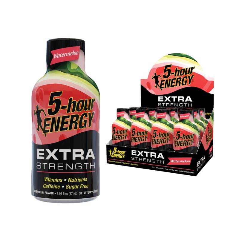 5-Hour Energy Extra Strength Sugar Free Watermelon Energy Shot - 3 Pack (12 Bottles, 1.93 oz Each) - Boost Focus & Stamina for Workouts, Study & Long Drives