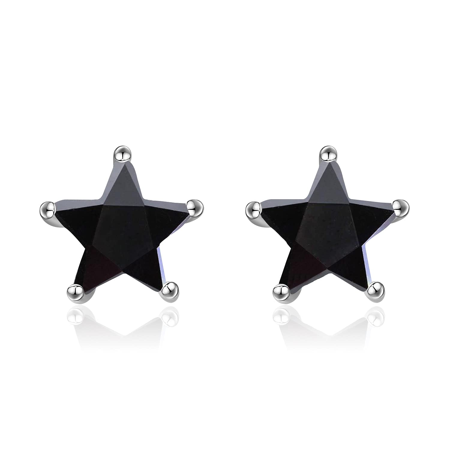 POPLYKE Sterling Silver 5-Prong Black Garnet Ruby Star/Cat/Pearl/Flower Stud Earrings for Women & Girls - Elegant Simple Jewelry for Everyday Wear, Date Night & Special Occasions