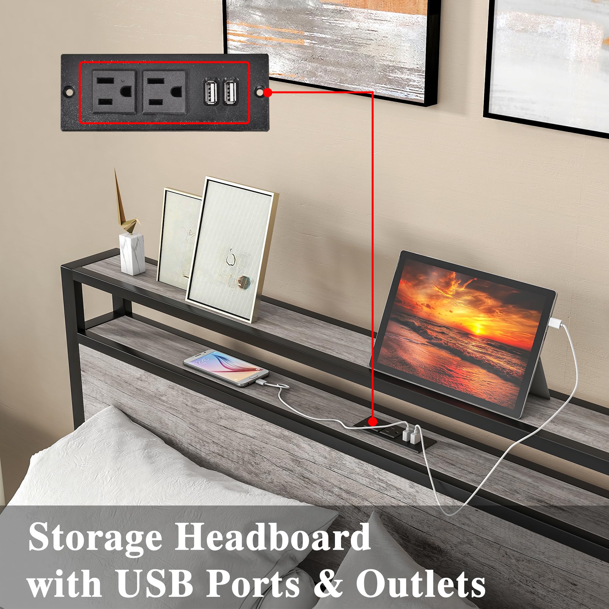 Full Size Bed Frame with Storage Headboard & USB Charging Ports - Sturdy Metal Platform Bed with Noise-Free Steel Slats - No Box Spring Needed - Warm Grey Finish - Perfect for Small Bedrooms, Guest Rooms & Apartments