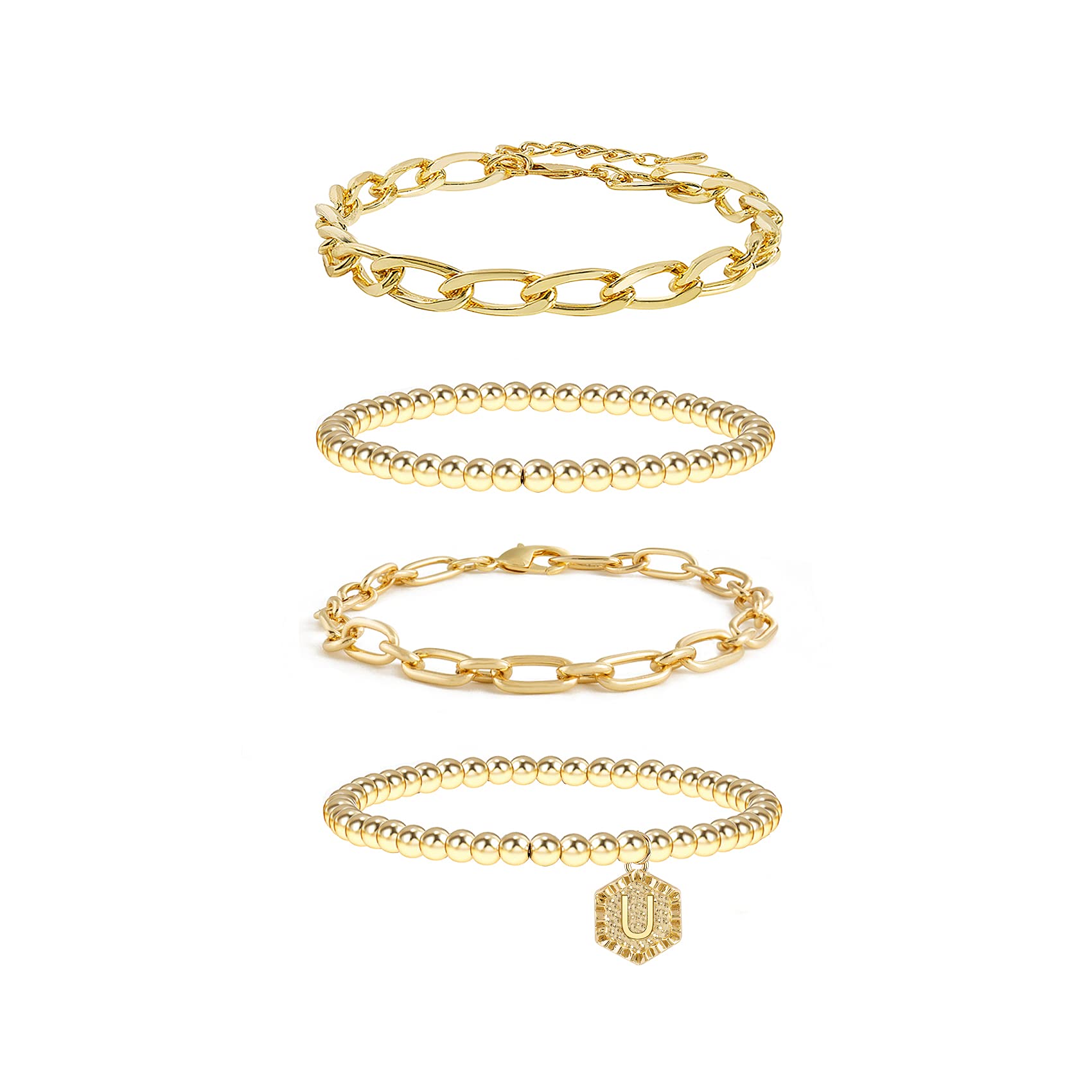 Gold Plated Initial Bracelets for Women - Stackable Beaded Bracelet Set with Layered Gold Chain Bangles | Perfect for Everyday Wear, Gift Giving & Layered Jewelry Styling