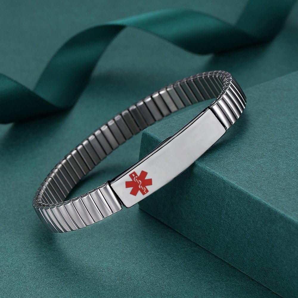 Elastic Medical Alert Bracelets for Women & Men - Adjustable Stainless Steel ID Bracelet with Free Engraving - Perfect for Diabetes, Allergies & Emergency Medical Identification
