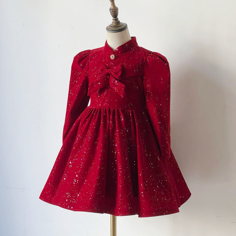 Elegant Burgundy Glitter Bow Princess Dress for Baby Girls - Toddler Performance Party Dress for Pageants, Photoshoots & Special Occasions