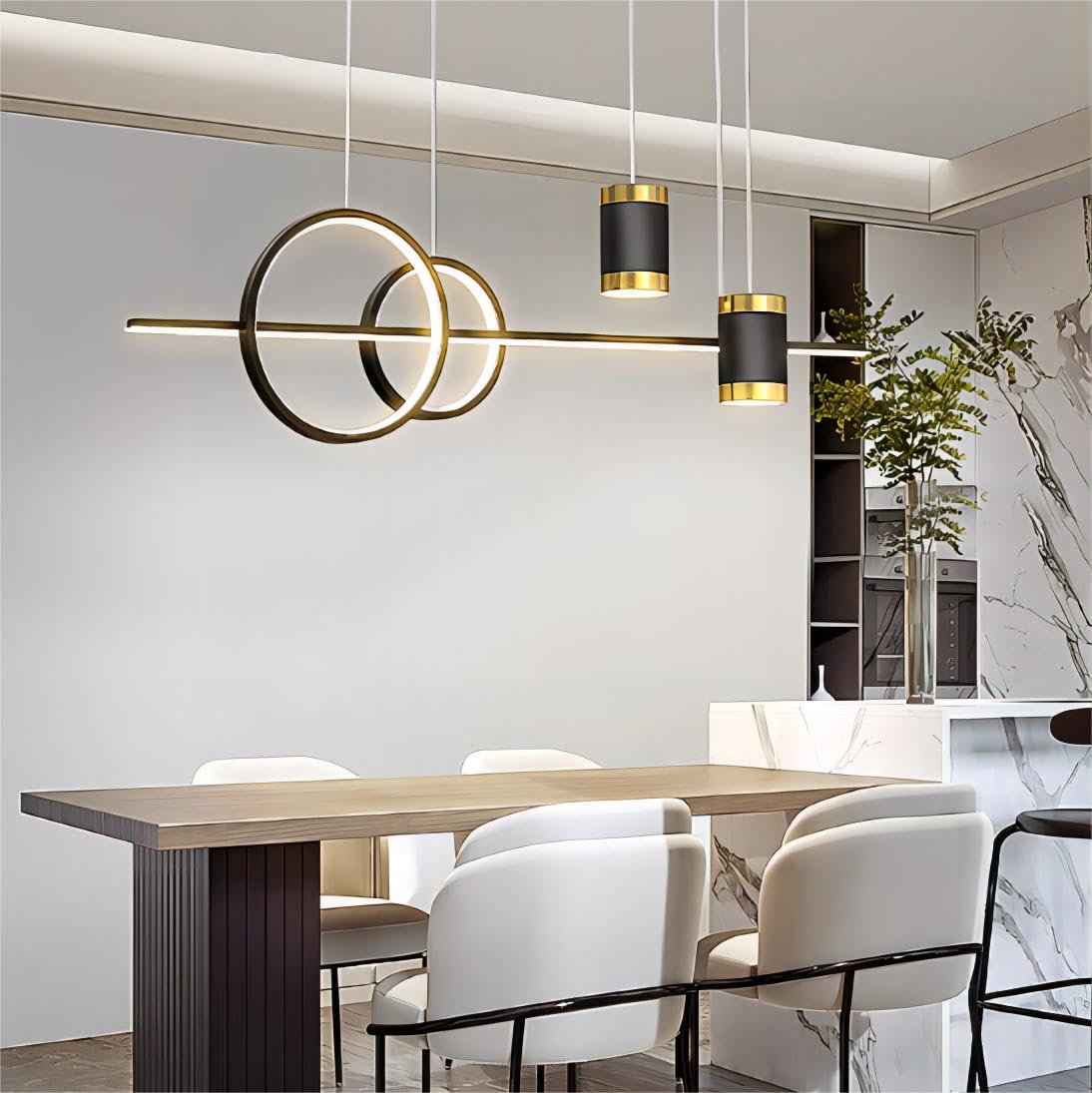 5-Light LED Island Pendant Light - 39.4 Inch Modern Geometric Linear Hanging Light with Remote Control & Dimmable Function - Perfect for Kitchen Island, Dining Room, Bar Counter and Open Concept Spaces (Black)