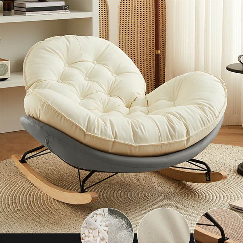 Modern Faux Leather Beige Upholstered Rocking Chair with Spindle Back & Natural Wood Legs - Cozy Nursery, Living Room or Bedroom Accent Chair for Relaxing & Nursing