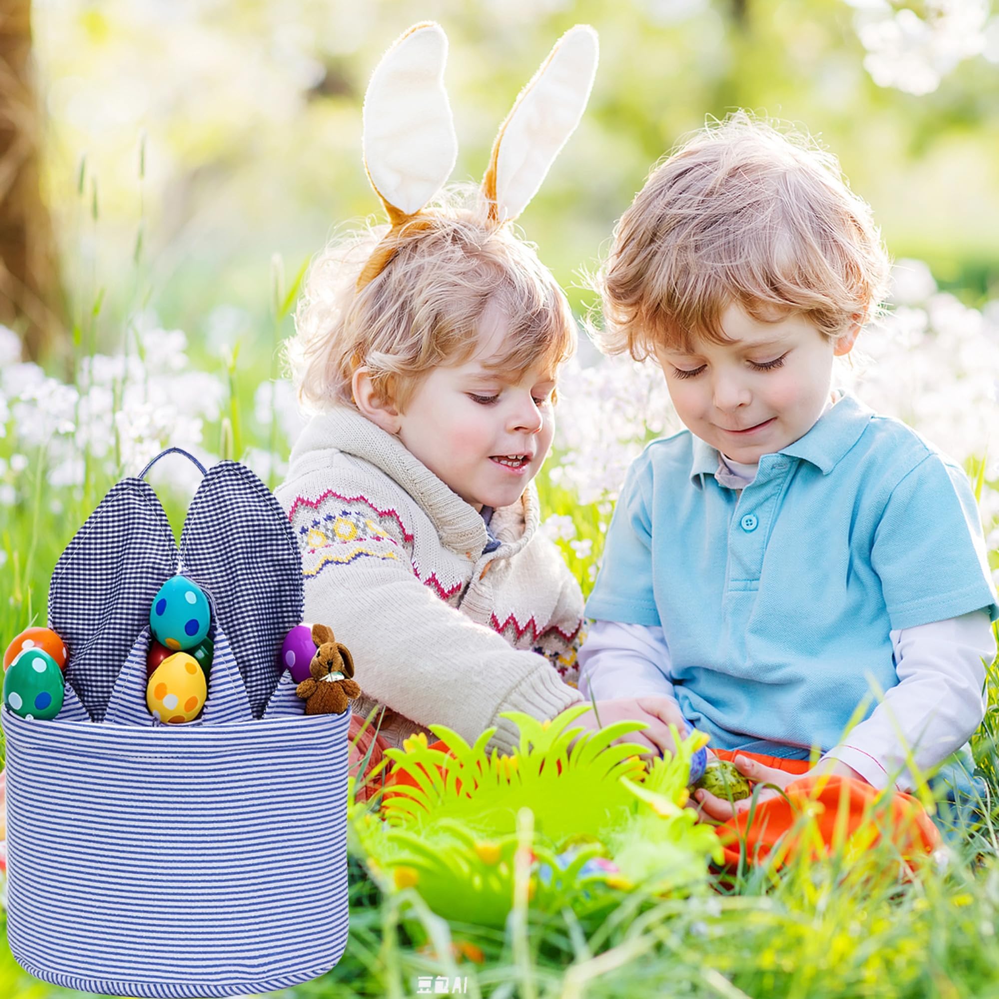 Easter Basket for Kids - Seersucker Bunny Baskets with Rabbit Ears for Egg Hunt, Candy Storage & Party Gifts | Personalized Easter Gift Idea for Boys & Girls | Perfect for Easter Celebrations, Egg Hunts & Holiday Decorations