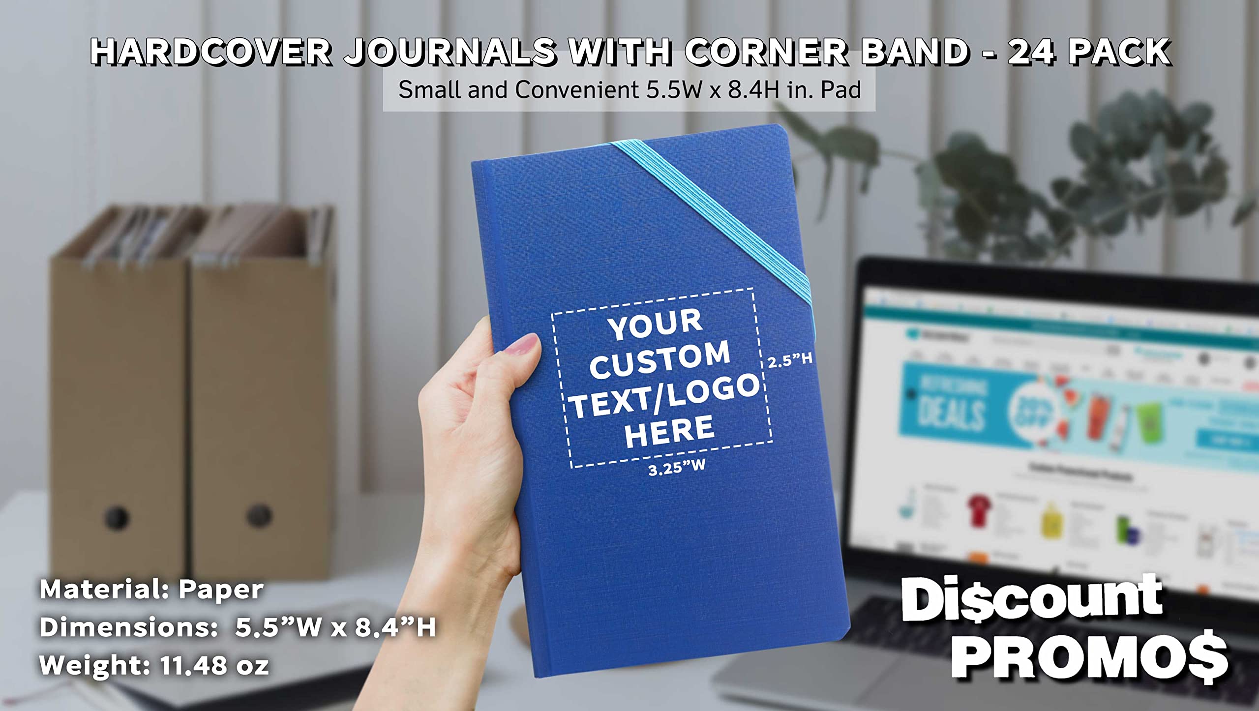 24-Pack Hardcover Journals with Customizable Text & Logo - Elegant Medium Size Notebooks with Corner Band - Perfect for Office, School & Travel (Blue)