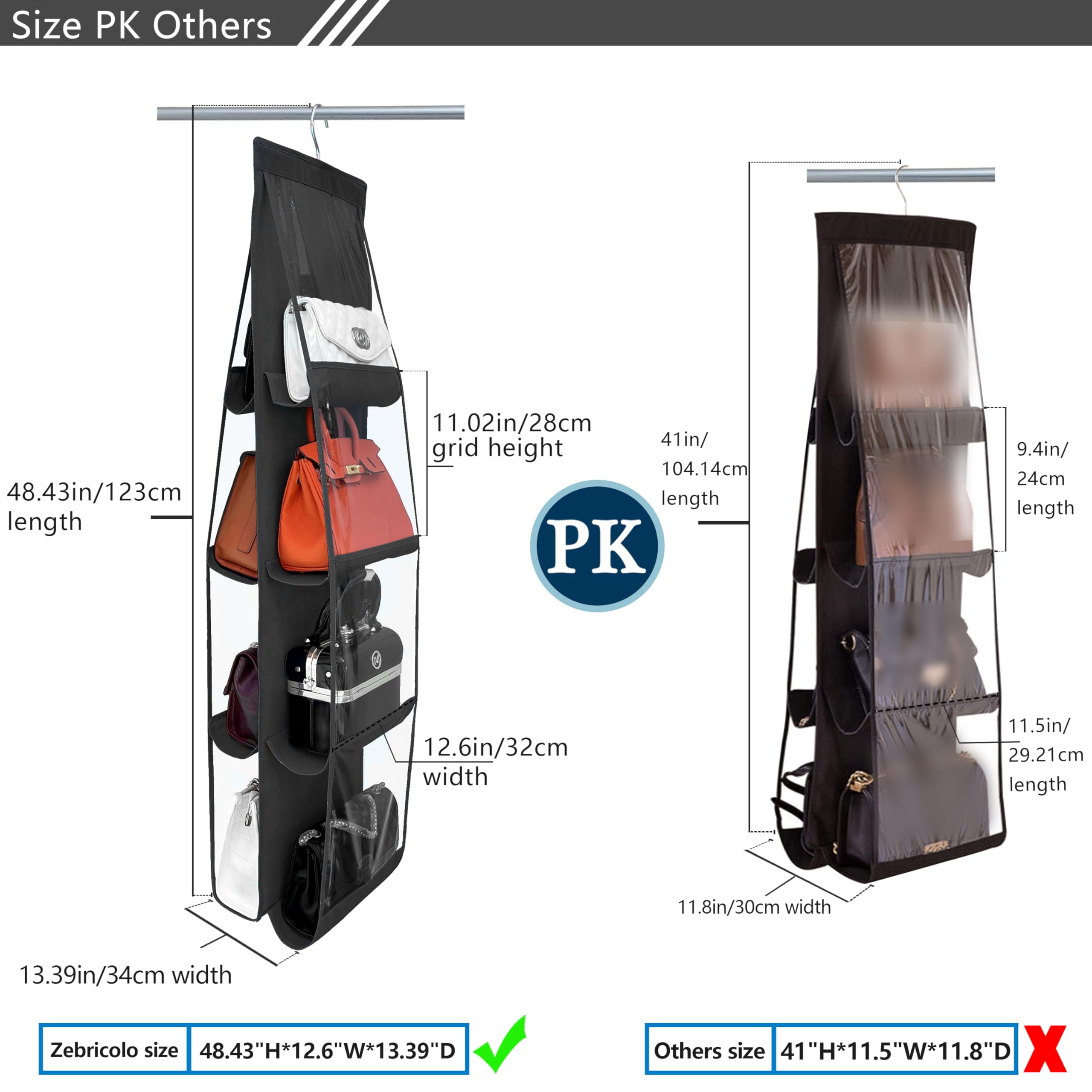 2 Pack Purse Organizer for Closet - Upgrade Larger 8 Pockets Handbag Storage Organizer with Thicken Metal Hooks (Black) - Perfect for Closet, Travel & Daily Bag Organization