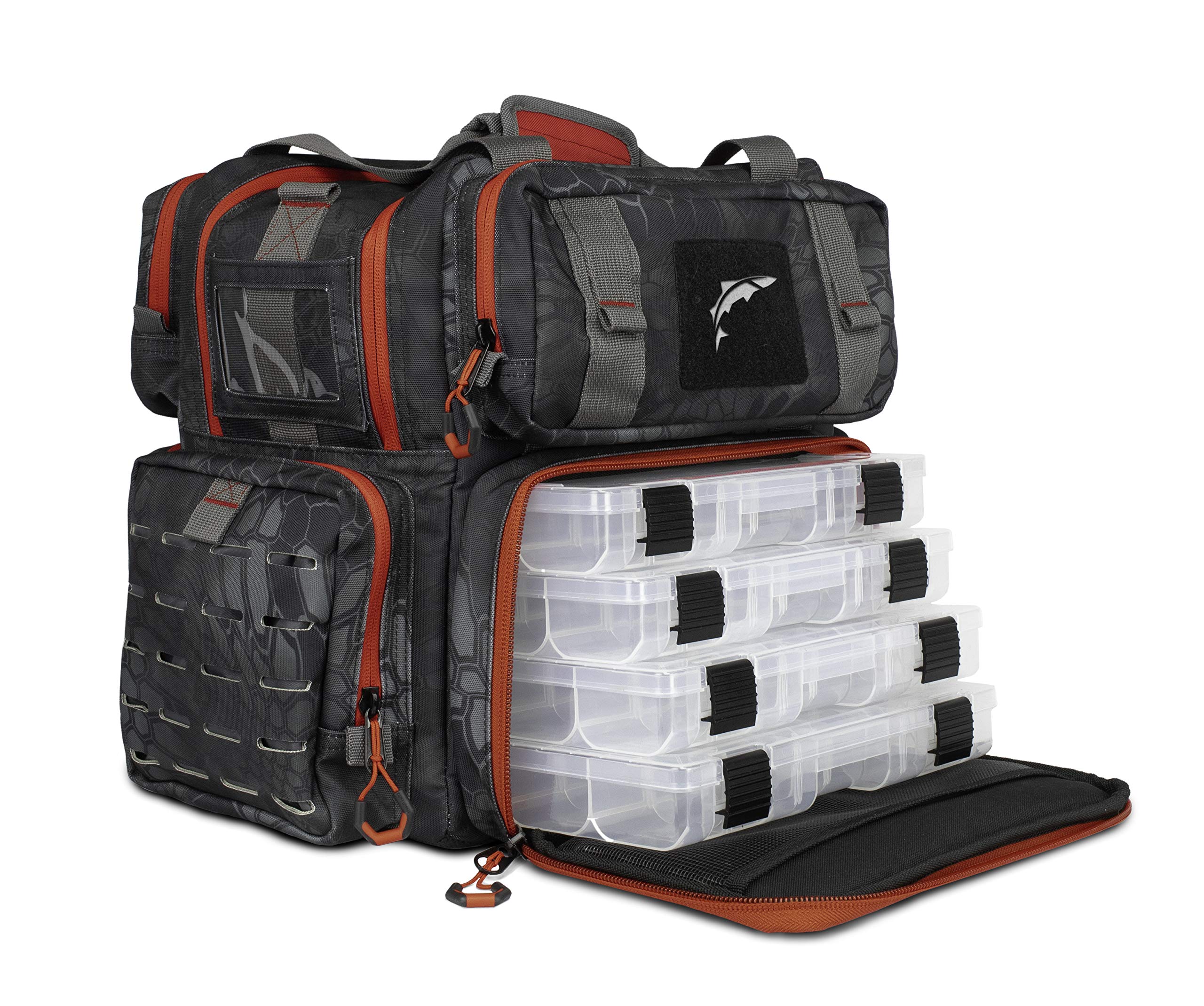 EGO Kryptek Tactical Fishing Backpack - Waterproof 1000D Nylon Tackle Box with PVC Back, Multiple Storage Pockets & Laser-Cut MOLLE Loops - Includes 4 Tackle Trays - Perfect for Bass Fishing, Kayak Fishing & Outdoor Adventures