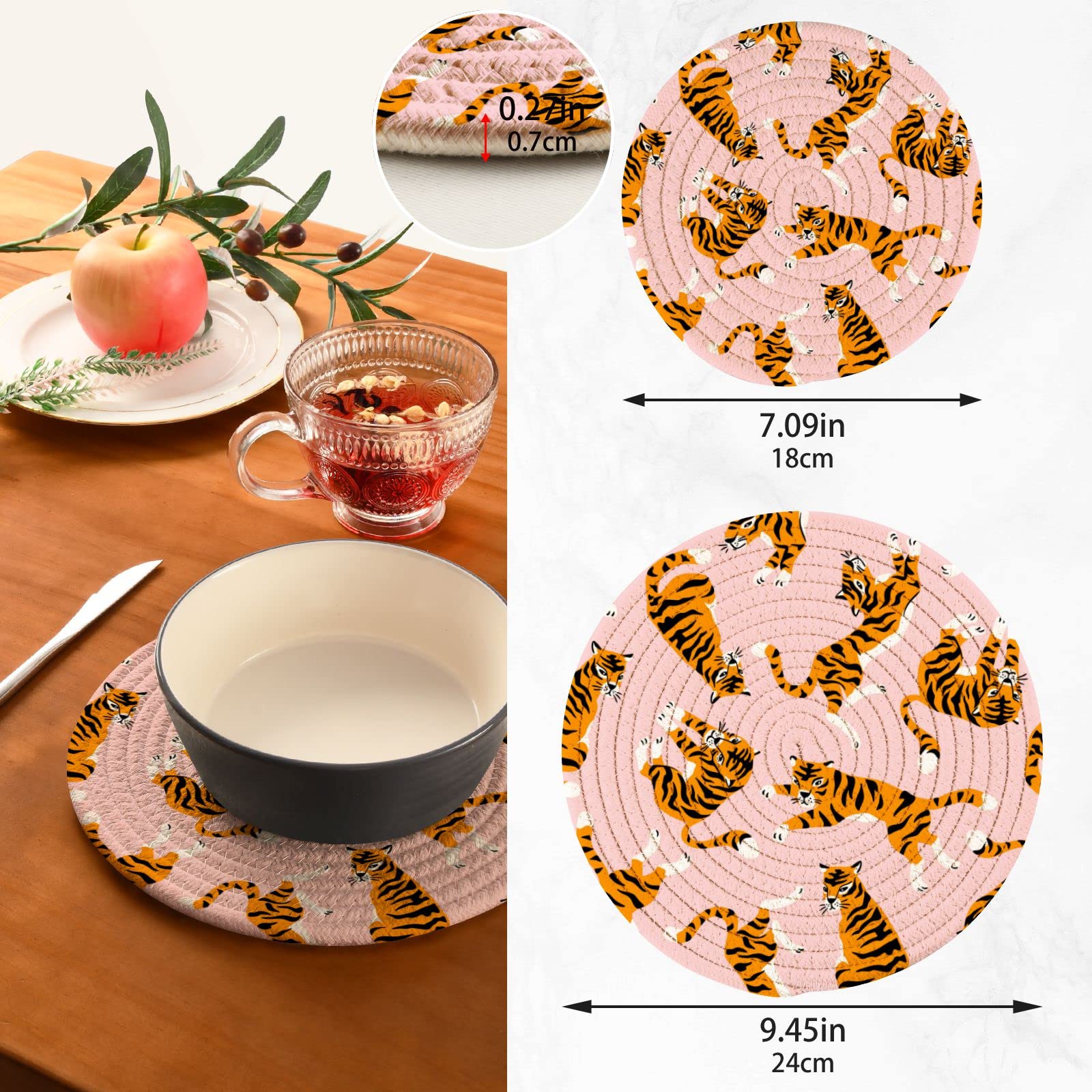 Cartoon Tiger Trivets Set of 2 - Heat Resistant Kitchen Pot Holders & Hot Pads for Pots, Pans, and Countertops - Farmhouse Style Kitchen Accessories for Dining, Cooking, and Table Setting