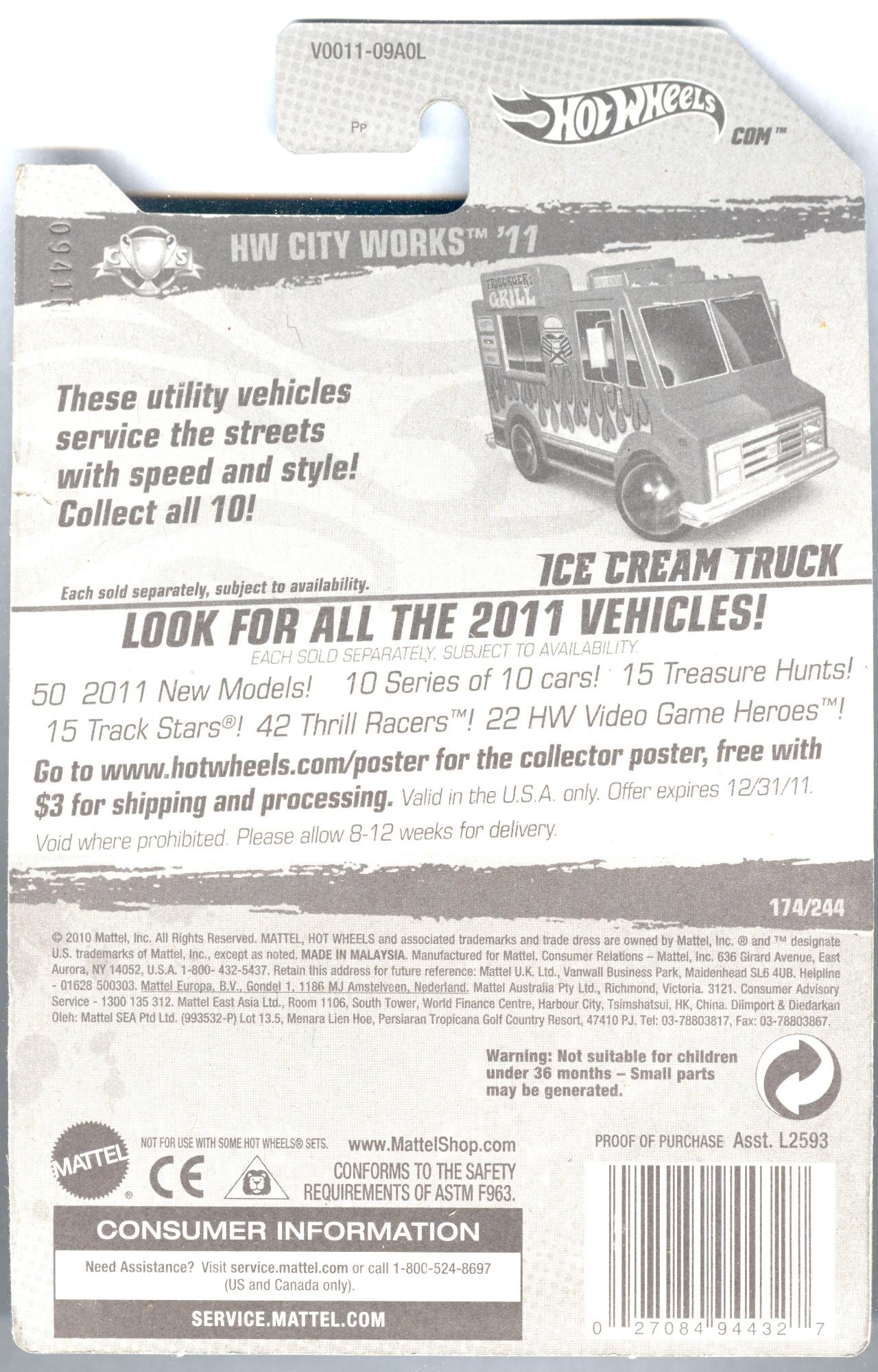 Hot Wheels 2011 HW City Works 174/244 Red Friburger's Grill Ice Cream Truck 4/10 Die-Cast Toy Car - Collectible Vehicle for Kids & Adults, Perfect for Playtime and Display