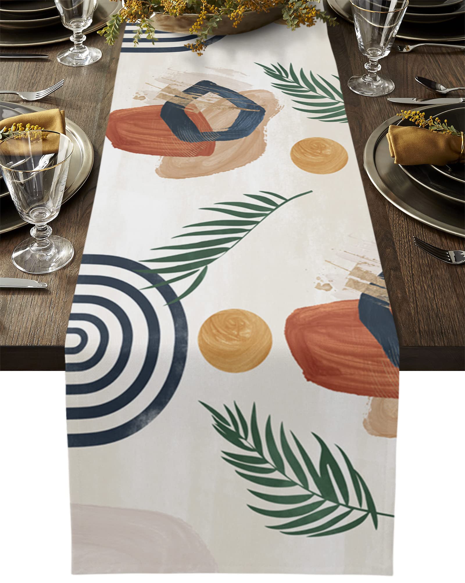 Mid Century Abstract Geometric Cotton Linen Table Runner - Boho Leaf Arch Design - Modern Minimalist Dining Table Scarf for Kitchen, Coffee Table, Holiday Banquet & Wedding Decor - Perfect for Farmhouse, Scandinavian & Bohemian Home Decor