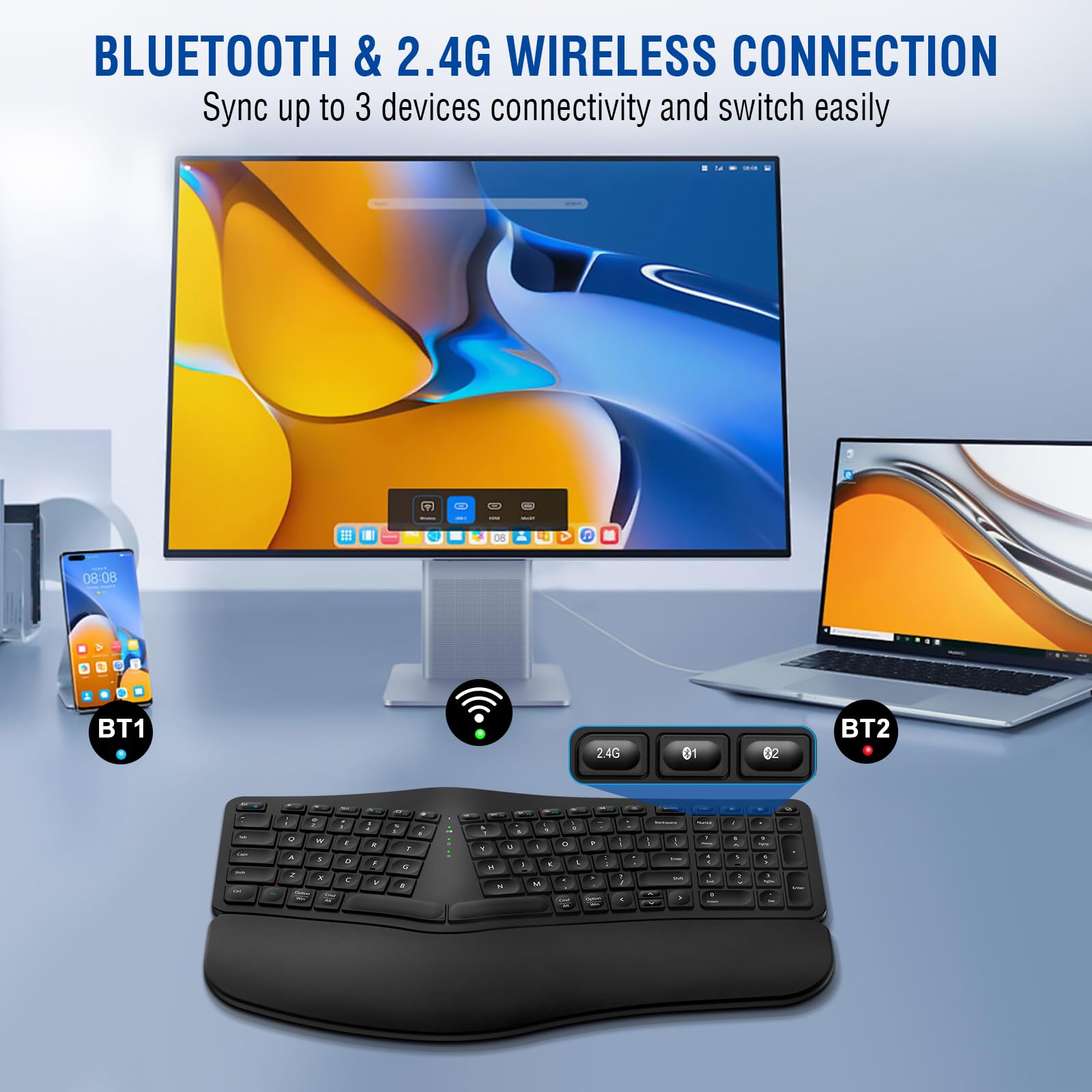 Ergonomic Wireless Keyboard - Rechargeable Bluetooth & 2.4G Split Keyboard with Cushioned Wrist Rest for Windows Mac Android iOS - Multi-Device Comfort Typing for Office, Gaming & Home Use