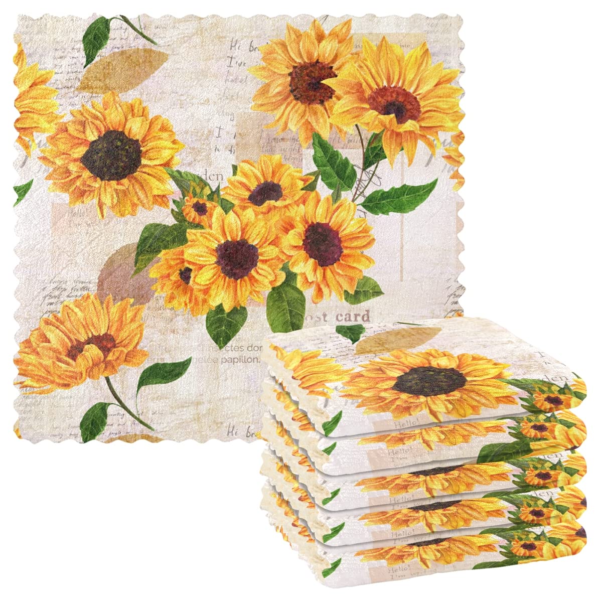 DOMIKING Vintage Sunflower Kitchen Towels - Set of 6 Absorbent Reusable Dish Cloths & Hand Towels for Drying Dishes | Farmhouse Kitchen Decor & Housewarming Gift