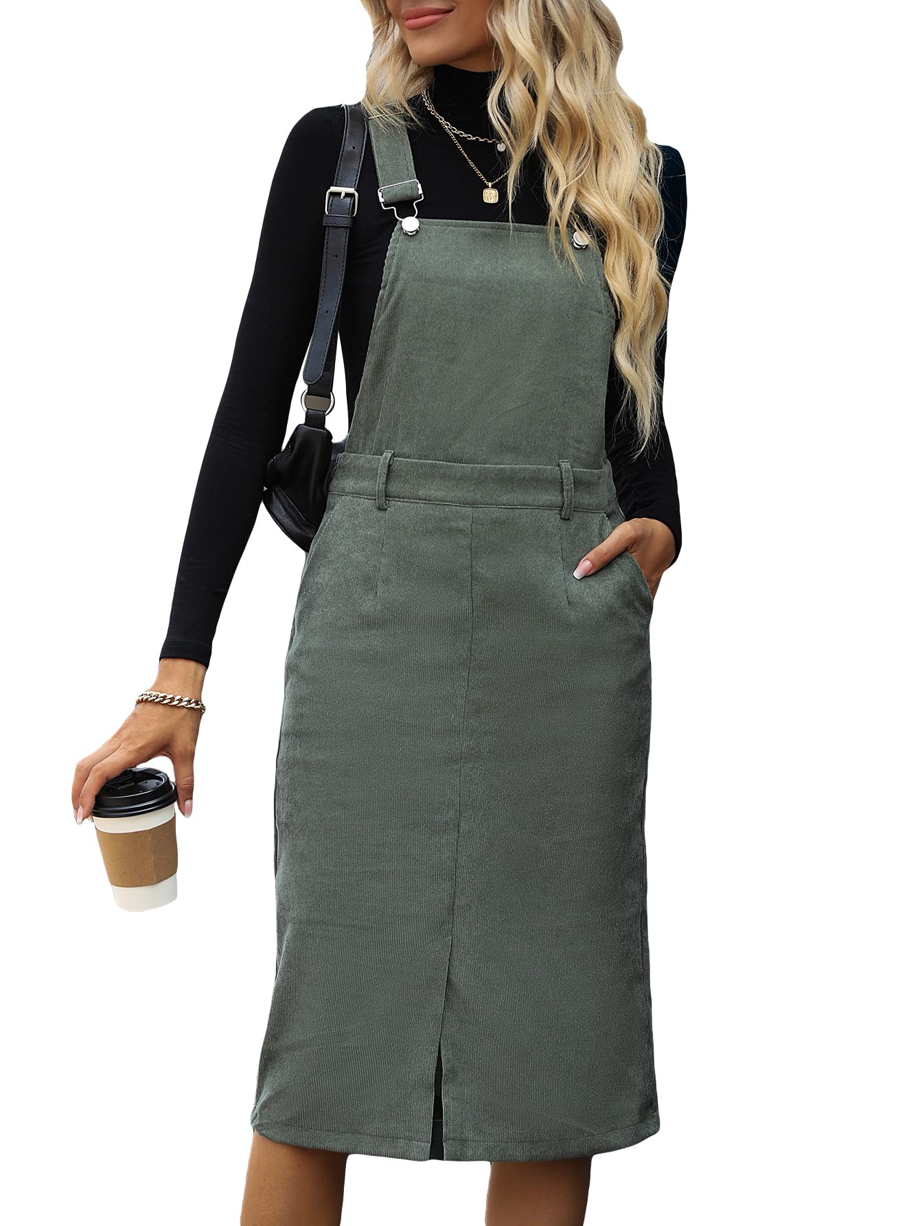 Milumia Women's Corduroy Adjustable Midi Long Jumper Dress with Pockets - High Waist Overalls for Casual Outings, Fall Fashion & Vintage Style Outfits