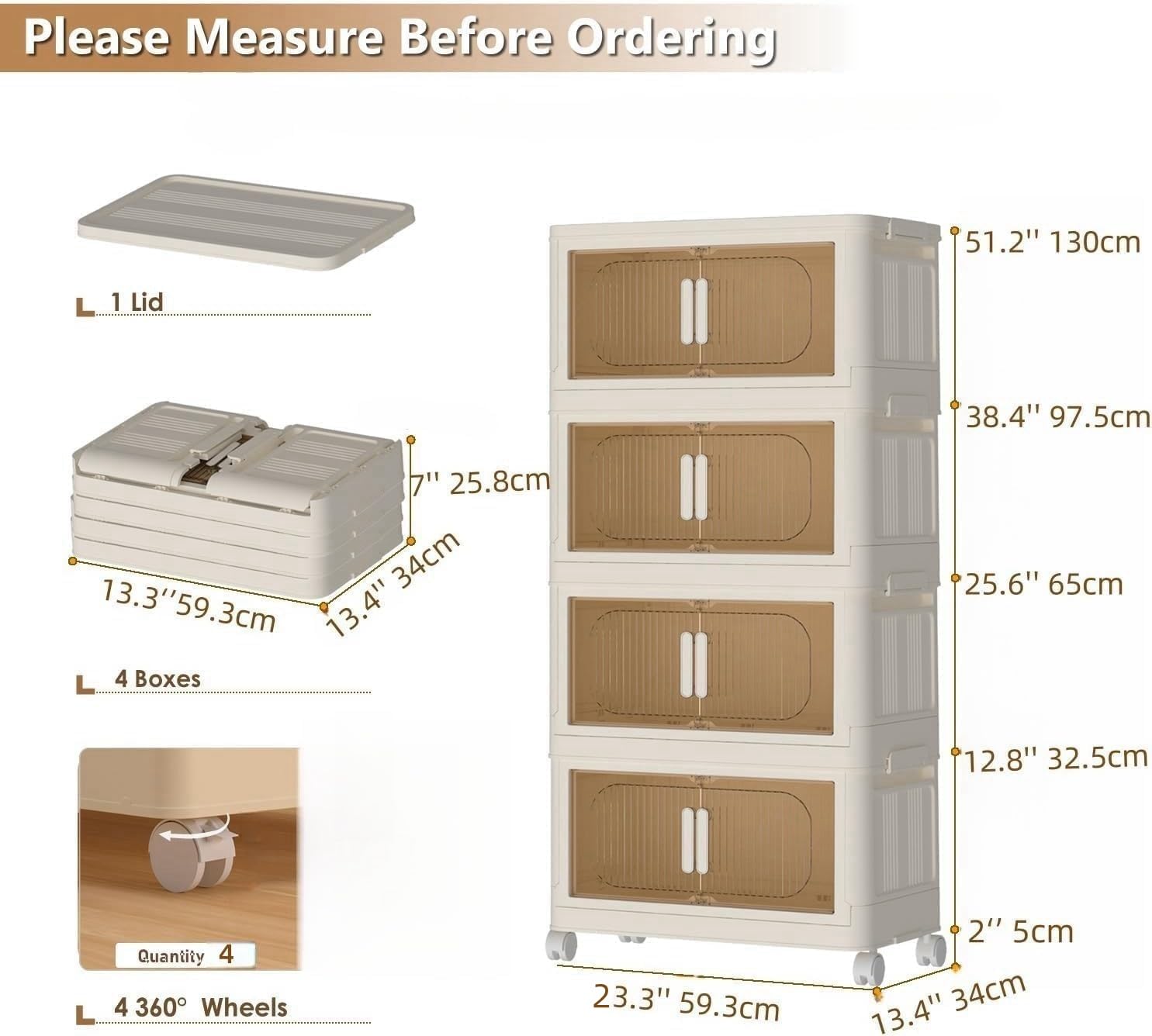 Wookon 4-Tier Storage Bins with Wheels - 277 Quart Plastic Storage Containers | Beige Collapsible Closet Organizer | Magnetic Dual Open Design for Home, Garage & Office Organization