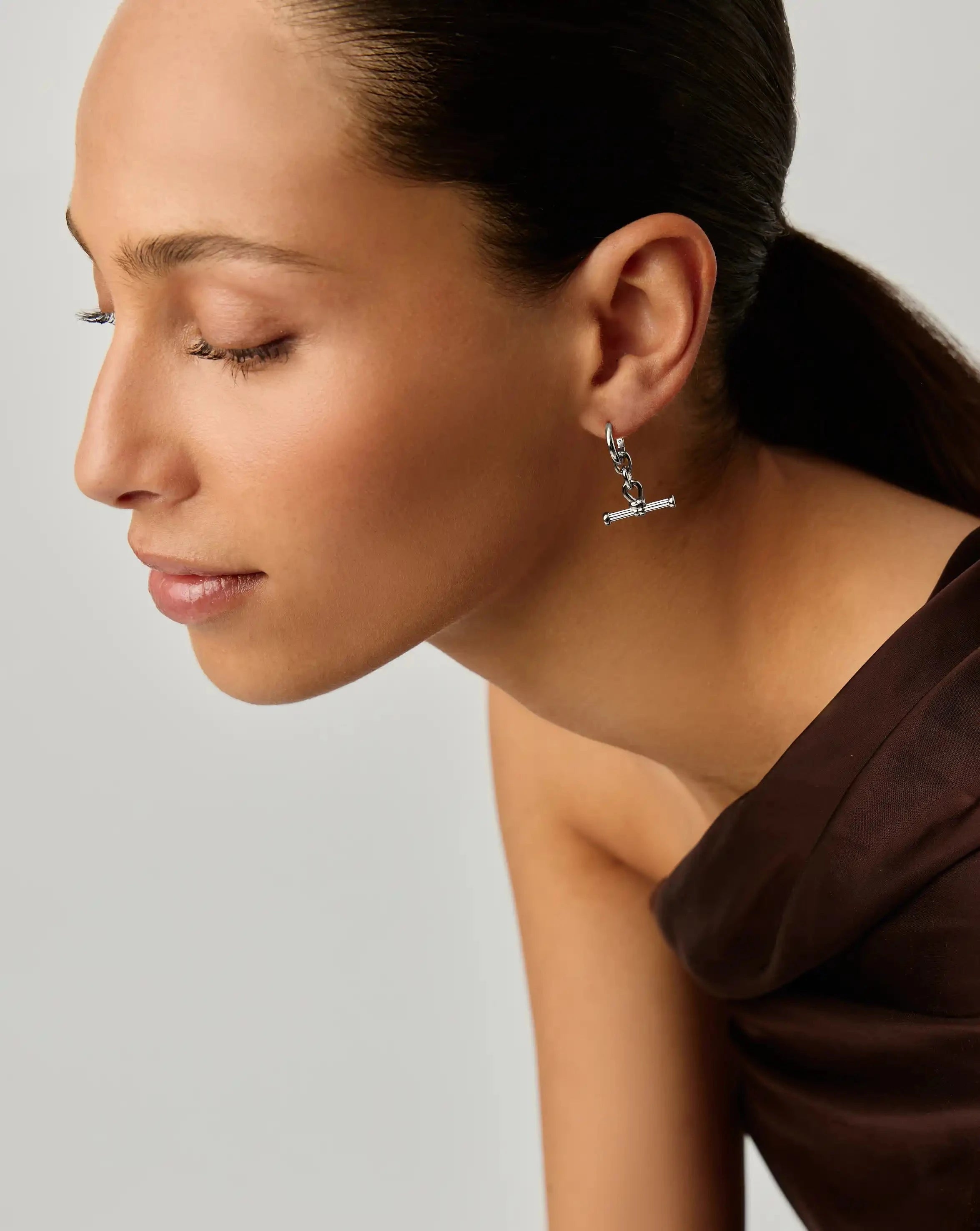 Ridge T Bar Drop Huggie Earrings - Silver Plated Hoop Earrings for Women | Perfect for Everyday Wear, Parties & Special Occasions