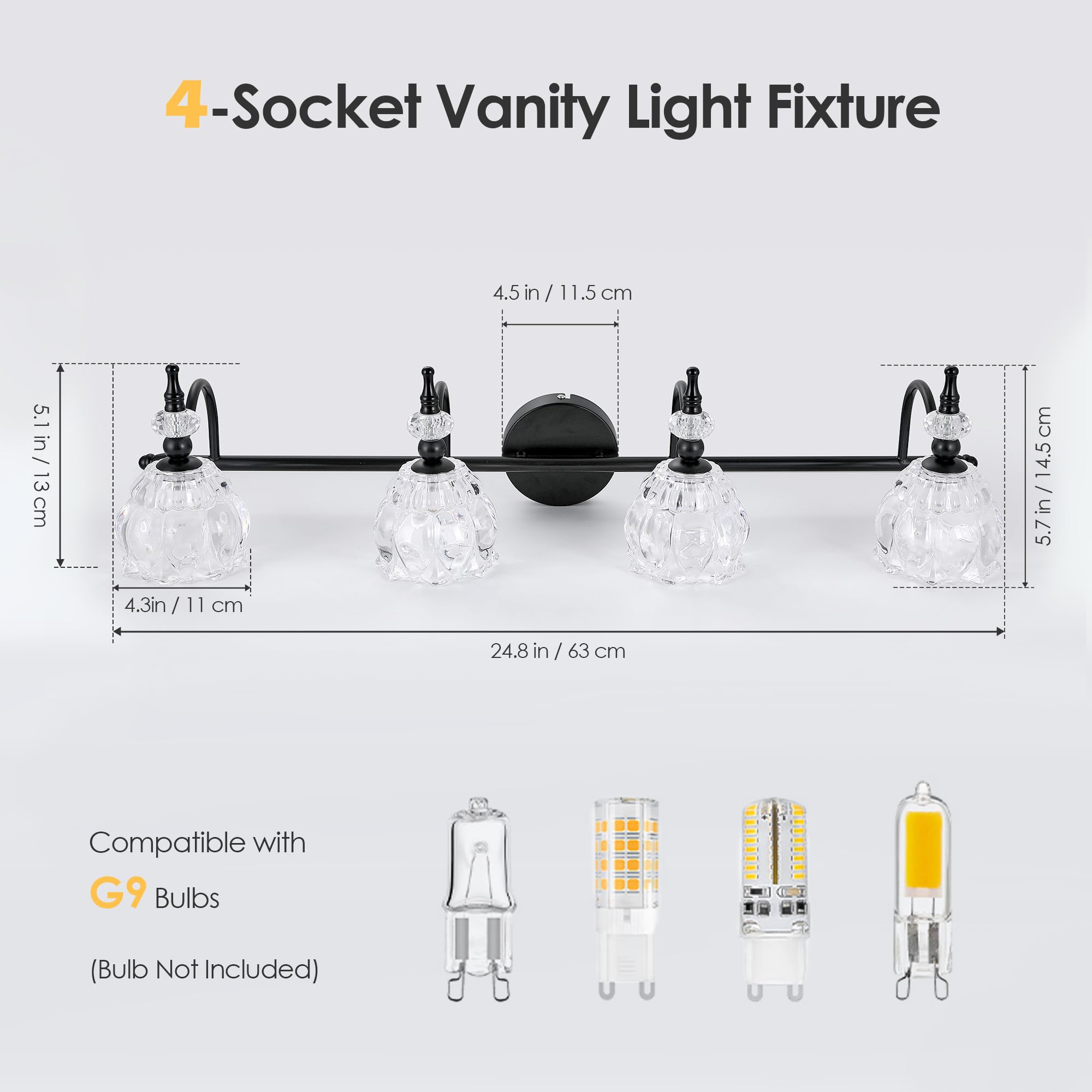 Modern Black & Gold Bathroom Vanity Light Fixture - 4-Light Over Mirror Lighting for Bathroom, Bedroom & Dressing Room | Elegant Bar Vanity Lights for Mirror Cabinets & Makeup Areas