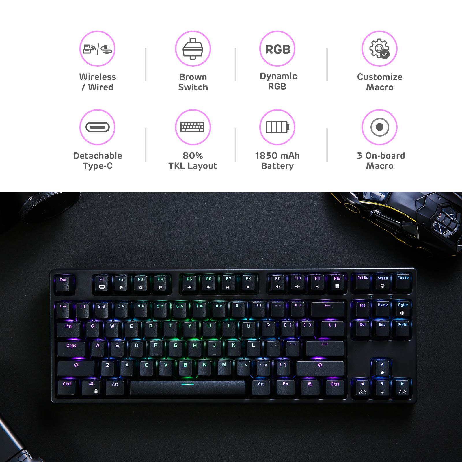 RK ROYAL KLUDGE RK87 Wireless Mechanical Gaming Keyboard - 87 Keys, RGB, Brown Switches for PC Gaming & Office Work
