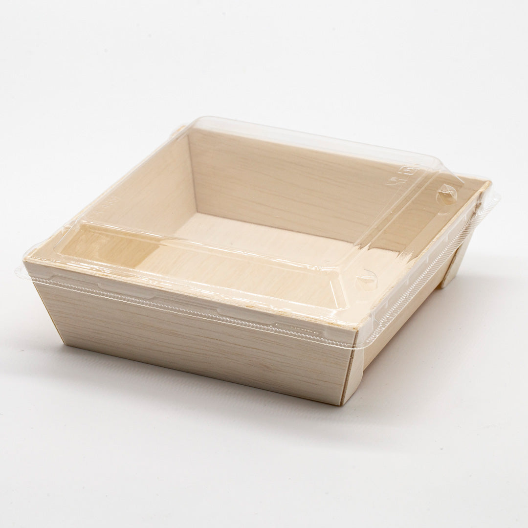 50-Pack Wooden Square Tapered Takeout Bento Box Lids #54929 | Eco-Friendly Disposable Food Container Covers for Restaurants, Picnics & Meal Prep
