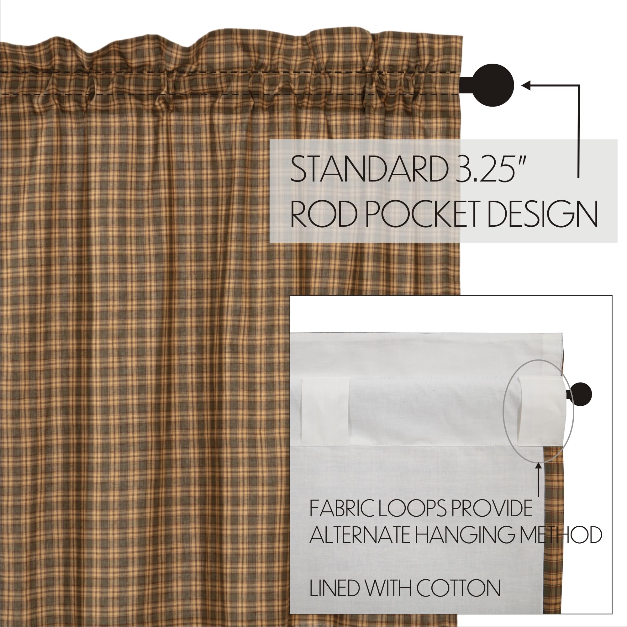 Rustic Cedar Green Plaid Cotton Curtains with Rod Pocket & Tie Backs - Farmhouse Style Window Treatments for Living Room, Bedroom & Door Panels