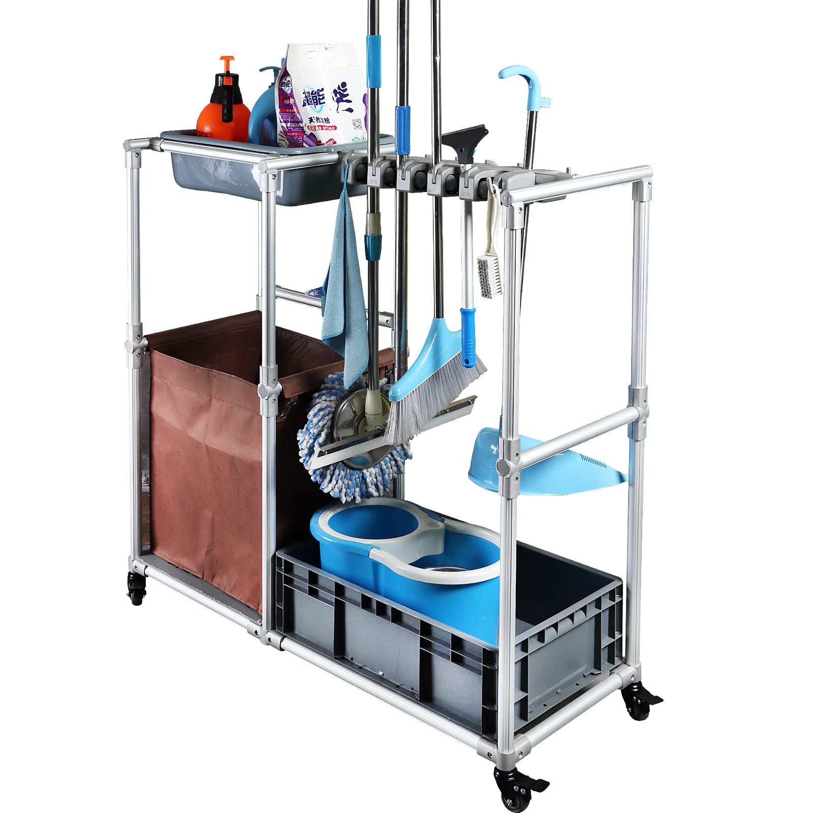 Rolling Cleaning Cart with Wheels - Janitorial & Housekeeping Supplies Organizer for Brooms & Mops