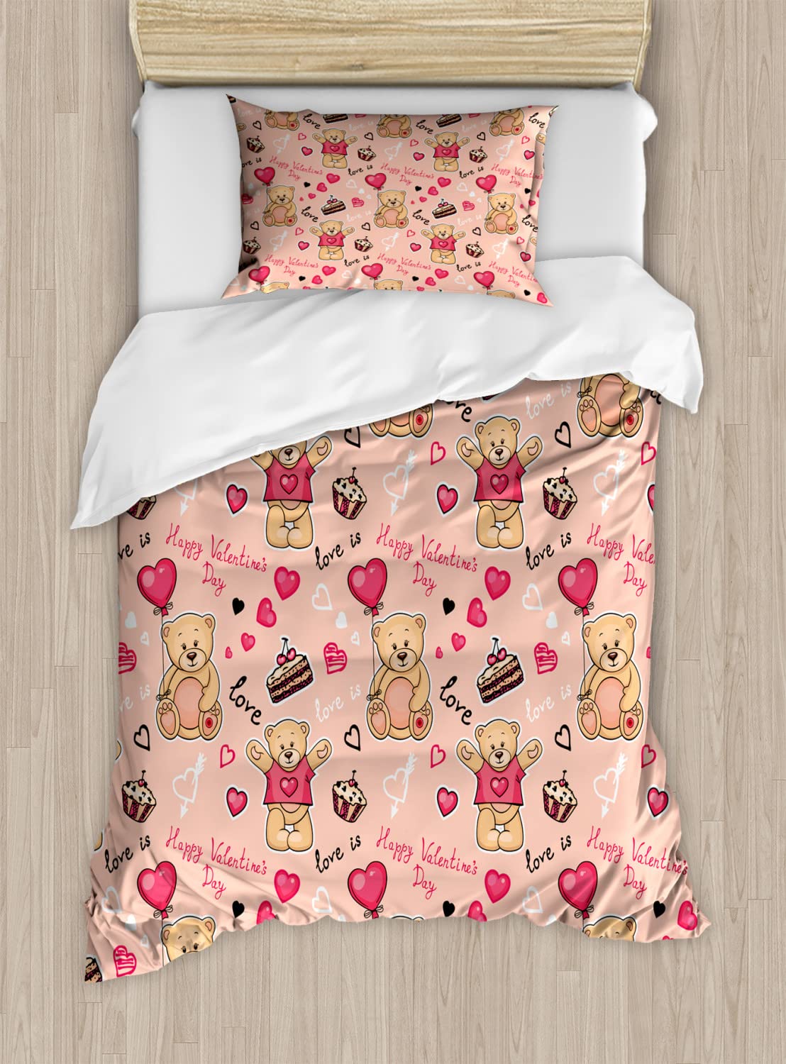 Ambesonne Valentine's Day Duvet Cover Set - King Size 2-Pack with 2 Duvet Covers & 4 Pillowcases, Teddy Bear & Cake Balloon Print in Coral Brown Peach - Romantic Bedding for Couples, Anniversary Gift, Master Bedroom Decor