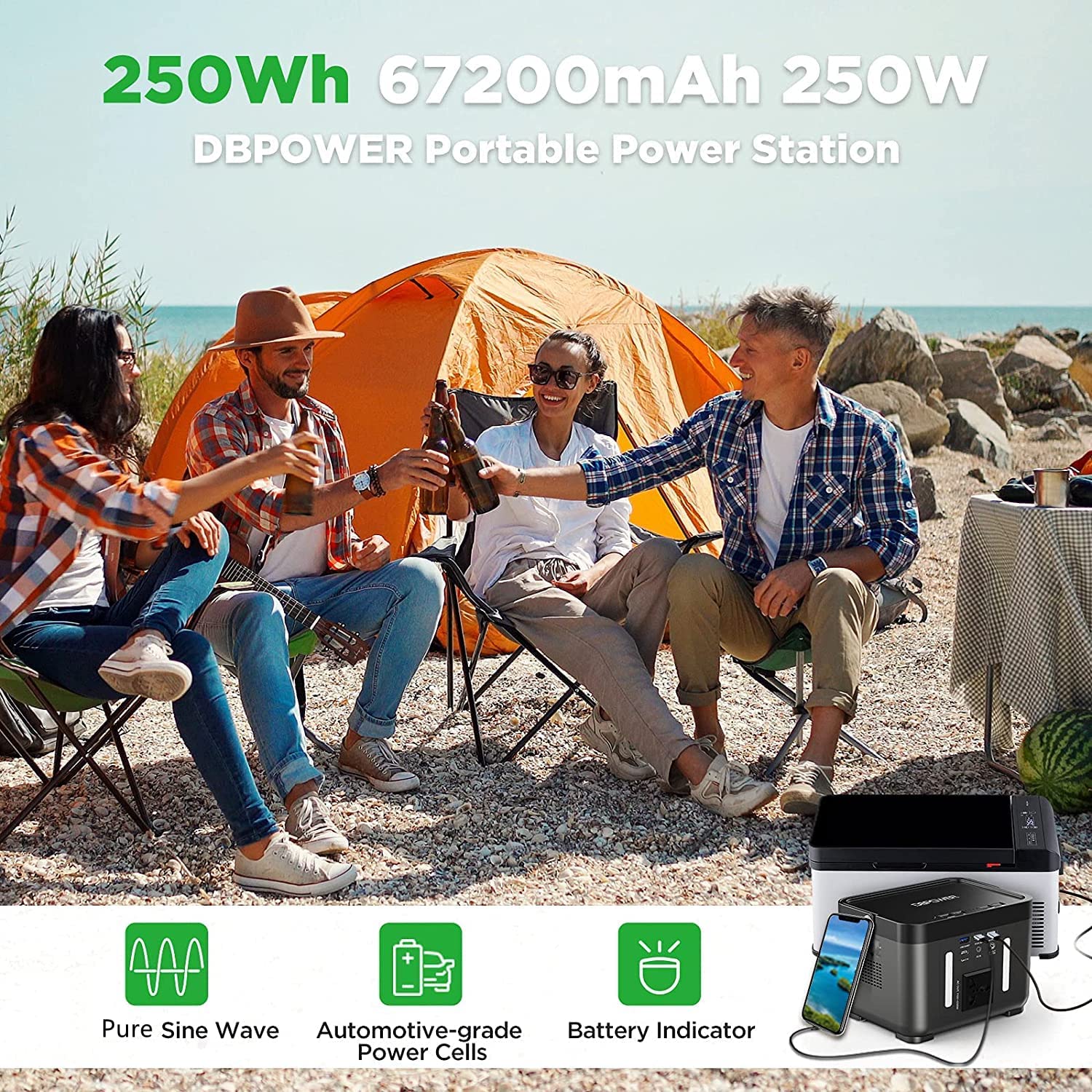 DBPOWER PW0002 250Wh 67200mAh Portable Power Station - 110V Lithium Battery Backup for Camping, Emergencies & Outdoor Adventures