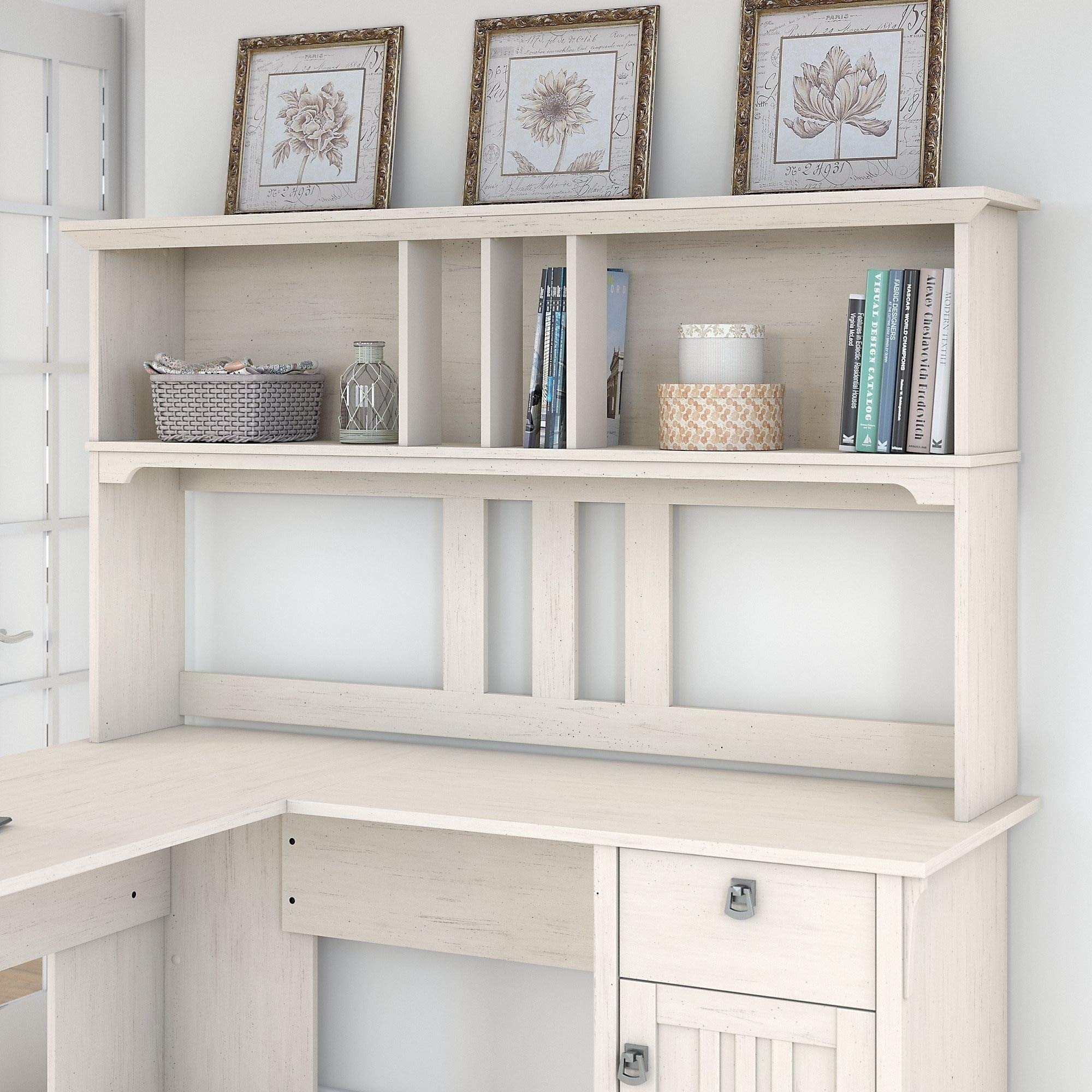 60-Inch L-Shaped Desk Hutch in Antique White MDF - Perfect for Home Office, Study Room & Workspace Organization
