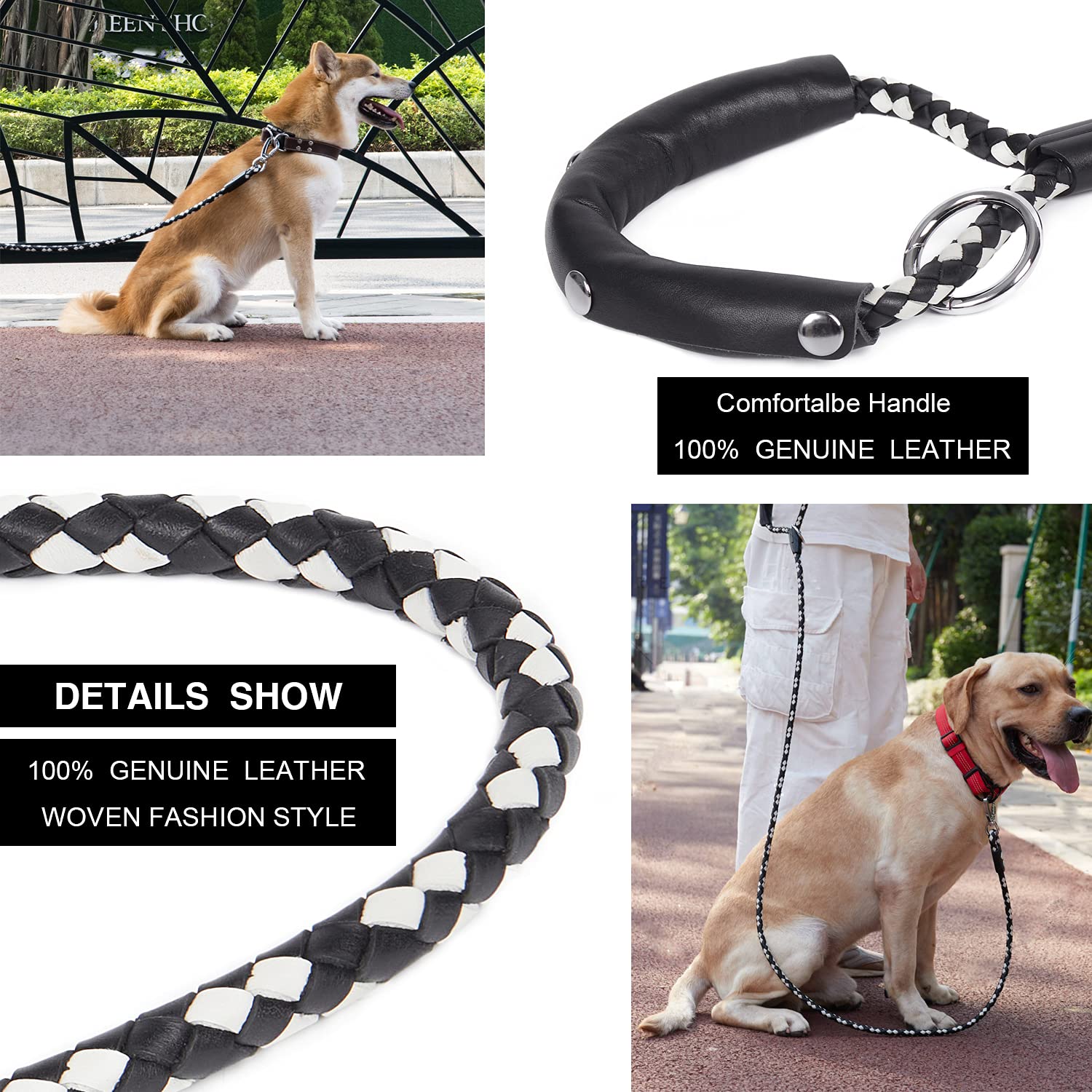 Premium Braided Leather Dog Leash - 4FT/5FT/6FT Heavy Duty Training Leash for Large, Medium & Small Dogs | Durable Walking & Running Leash for Pets (Black/White, 2/5