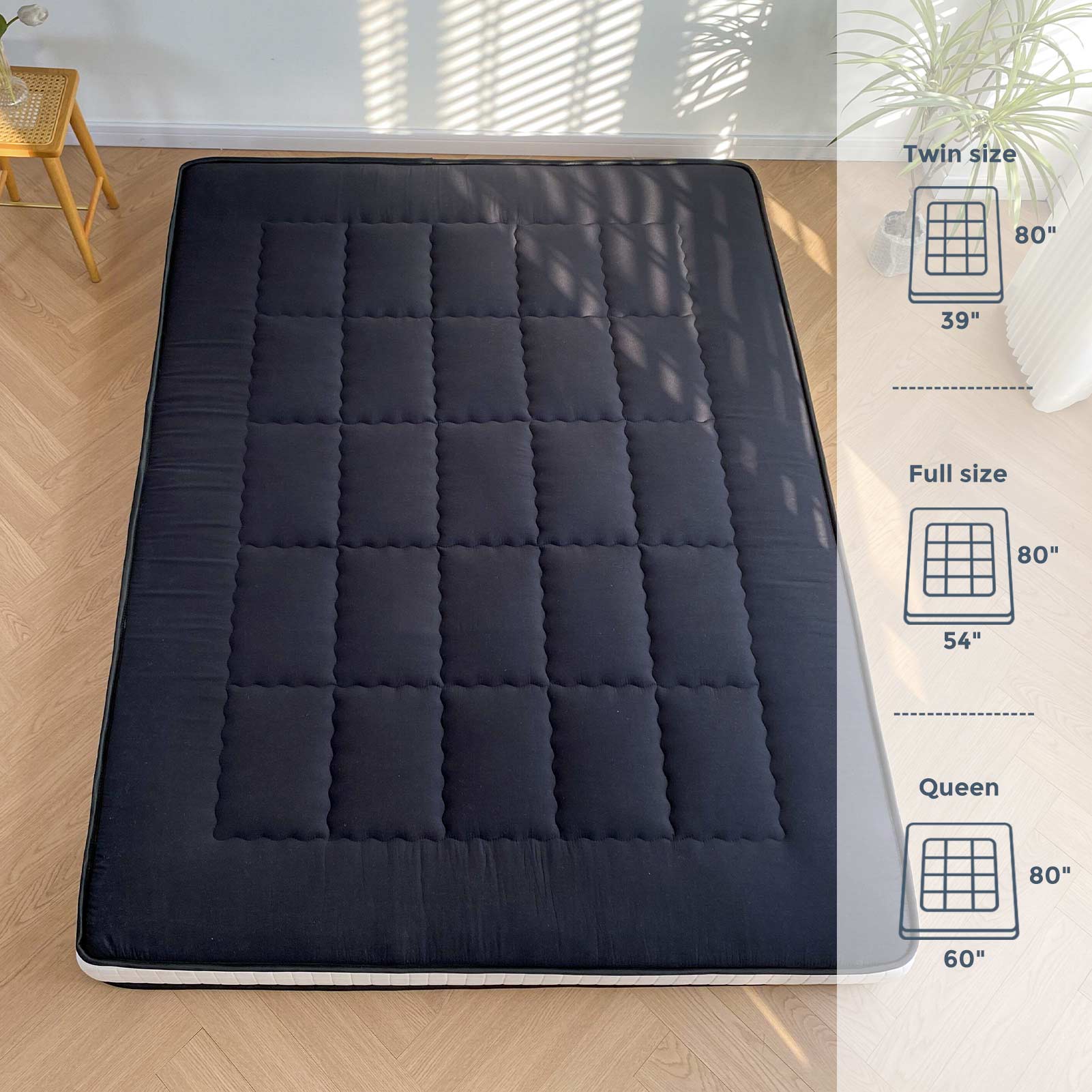 MAXYOYO Padded Japanese Floor Mattress - Black Foldable Roll Up Futon for Bedroom, Guest Room & Travel | Comfortable Floor Sleeping Mat for Adults & Kids