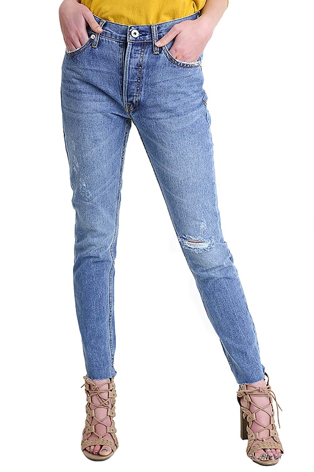 Umgee Women's Distressed Denim Straight Leg Five Pocket Jeans with Raw Hem - Comfortable Casual Pants for Everyday Wear, Work & Weekend Outings