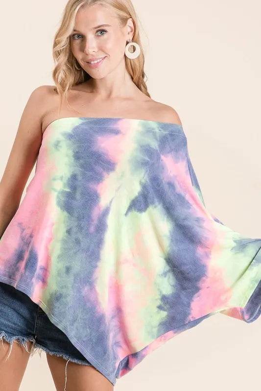 BiBi Tie Dye French Terry One Shoulder Dolman Top | Trendy Women's Casual Shirt | Perfect for Summer Outfits, Beach Wear & Music Festivals