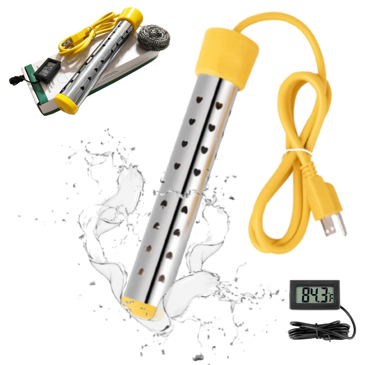 Fast Heating Immersion Water Heater for Bathtub - 304 Stainless Steel Submersible Heater with Protective Cover - Warms 5 Gallons in Minutes (Yellow) - Perfect for Bathrooms, Spas, and Home Relaxation