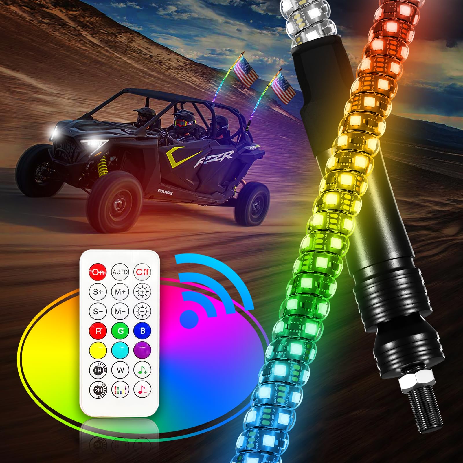 4FT LED Whip Lights with APP & Remote Control - Upgraded Spring Base Spiral Design for UTV, ATV, SXS, RZR, Can-Am & Polaris Off-Road Vehicles - Perfect for Night Off-Roading, Dune Bashing & Trail Adventures