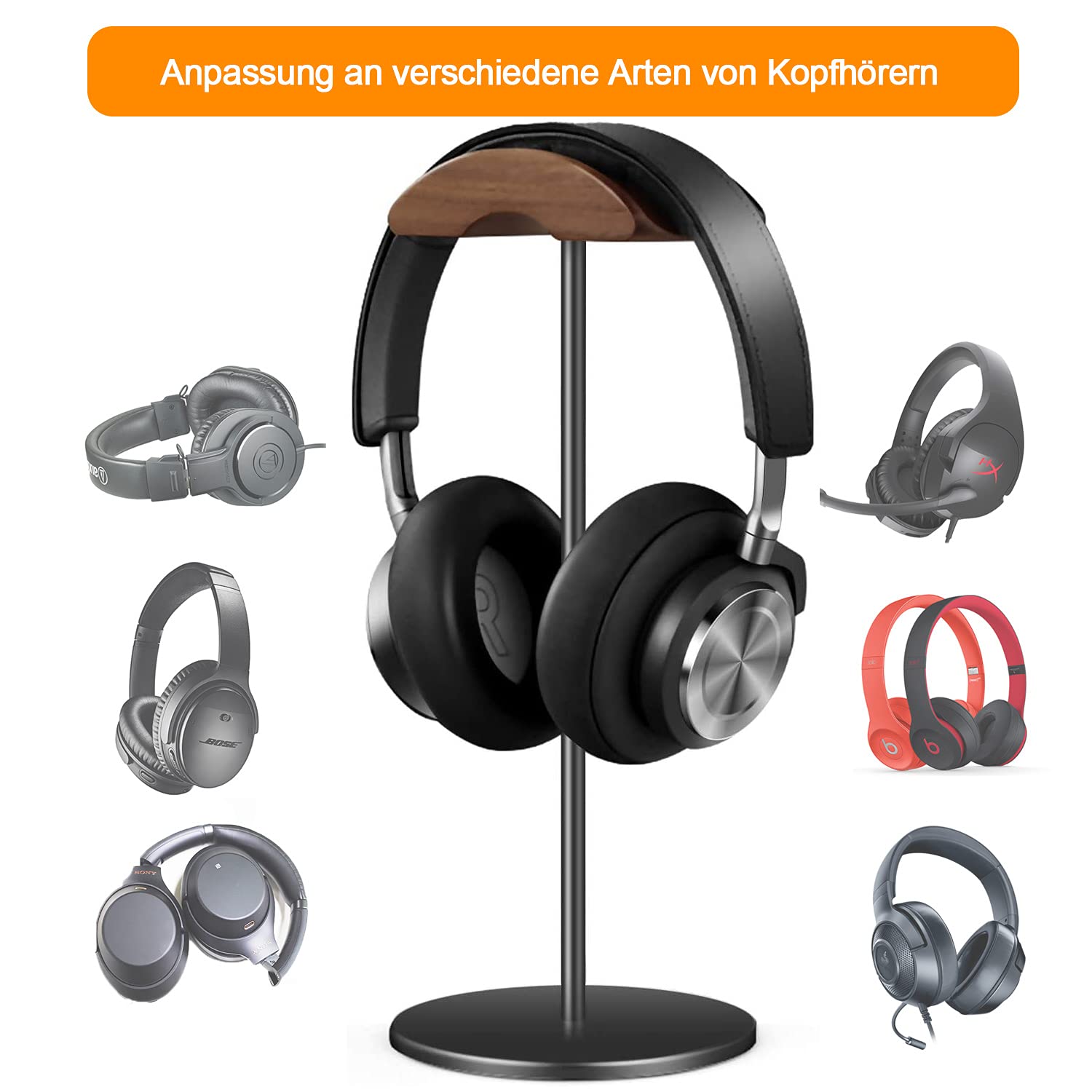 Premium Aluminum & Wood Gaming Headphone Stand with Heavy Base - Durable On-Ear Headset Holder for Gamers & Audiophiles - Perfect for Home Office, Gaming Setup & Studio Organization (Black)