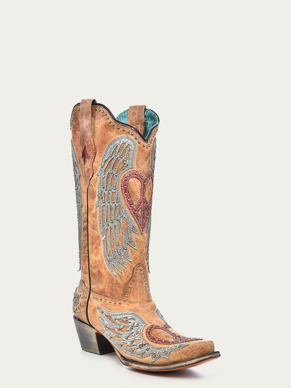 Women's Heart & Cross Overlay Studded Distressed Sand Snip Toe Cowboy Boots – Vintage Western Style for Country Music Festivals & Rodeo Events