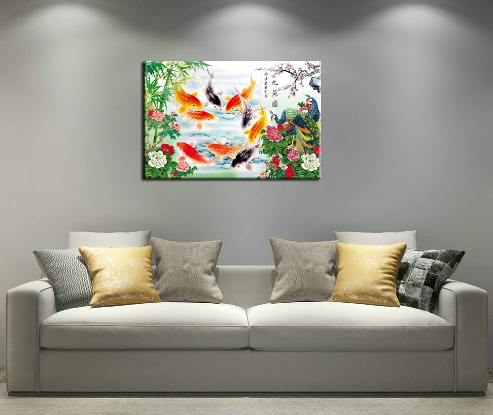 HYLOVE FISH Art - Chinese Style Feng Shui Koi Fish & Peacock Bamboo Painting, Stretched Canvas Wall Art Home Decor (24x16 Inch) - Perfect for Living Room, Bedroom, Office & Zen Meditation Space