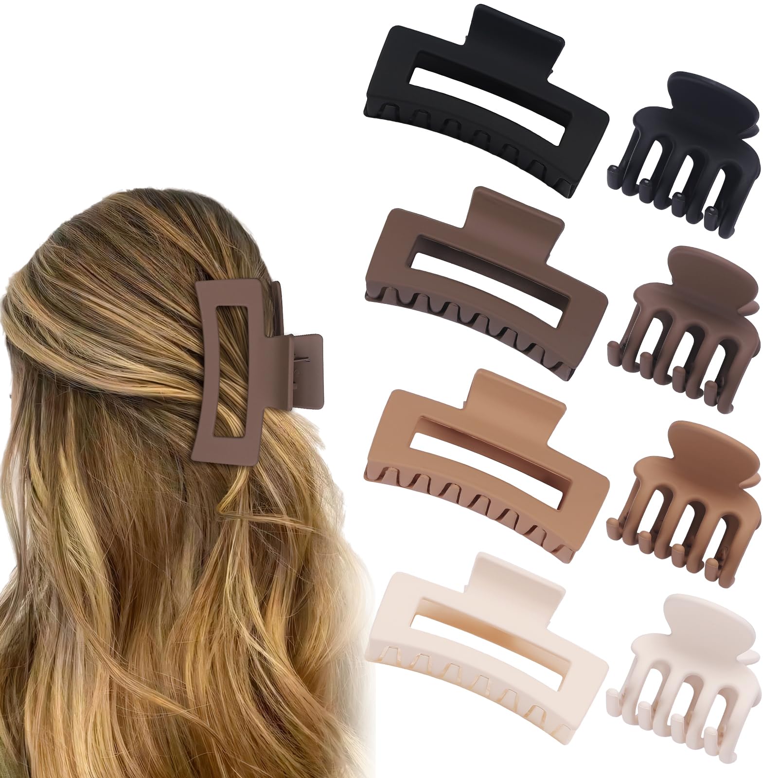 8 Pcs Medium Hair Clips for Women - Small Claw Clips for Thin & Thick Hair | 2 Style Rectangle Jaw Hair Accessories for Women & Girls (Brown) | Perfect for School, Work & Everyday Hairstyles