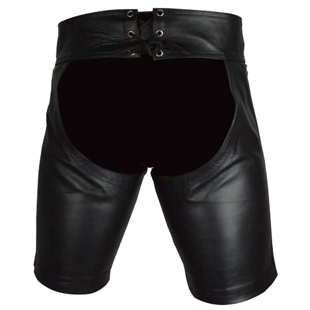 **Men's Genuine Cowhide Leather Shorts - Black Gold Striped Gay Chaps (42