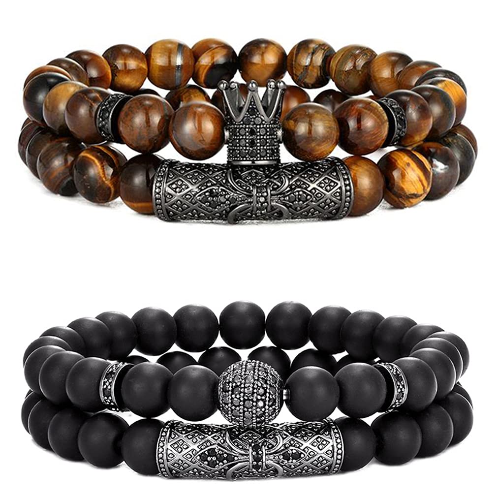 4 Pcs 8mm Crown King Bracelets for Men & Women - Tiger Eye & Black Matte Onyx Natural Stone Beads Set | Cool Unisex Jewelry Gift for Everyday Wear, Yoga & Meditation