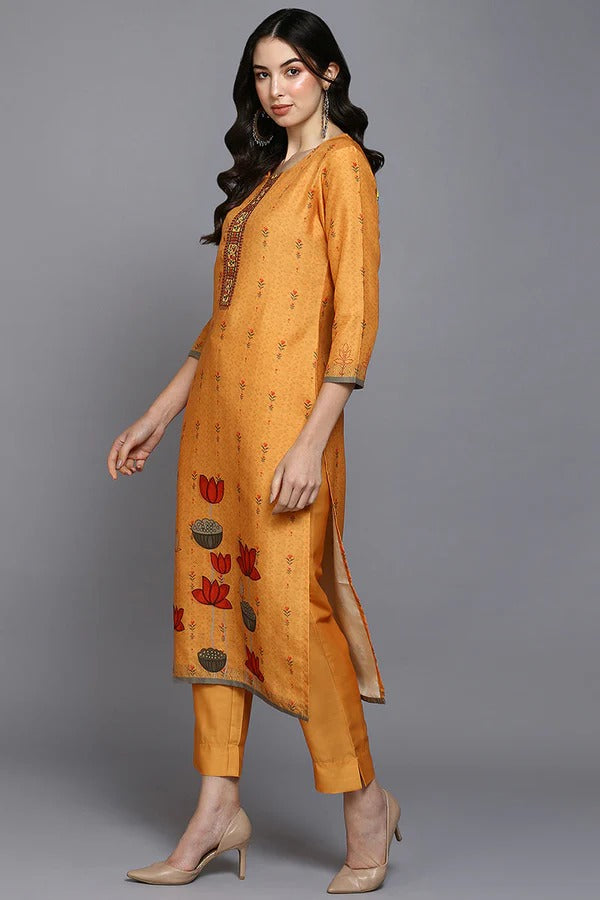 Stylish Orange Silk Blend Ethnic Motifs Straight Kurta Set for Women | Traditional Indian Outfit for Festivals, Weddings & Special Occasions
