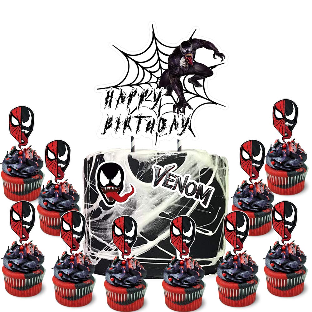 Venom & Spider Theme Cake Cupcake Toppers Set - 24pcs Halloween Birthday Party Decorations for Superhero, Comic, Horror Movie Themed Events - Perfect for Kids Birthday, Baby Shower & Cosplay Parties