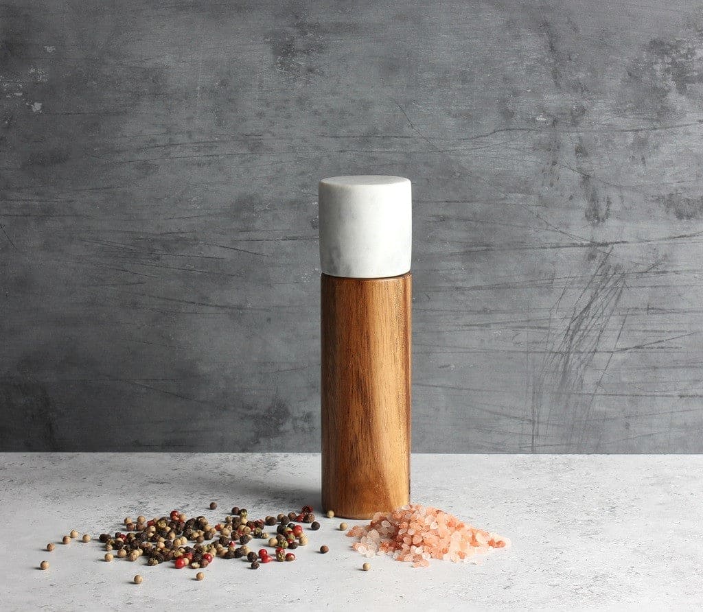 Premium Acacia Wood & White Marble Salt and Pepper Grinder Set - 18cm Height - Adjustable Coarseness - Elegant Kitchen Essential for Cooking, Dining & Gift Giving