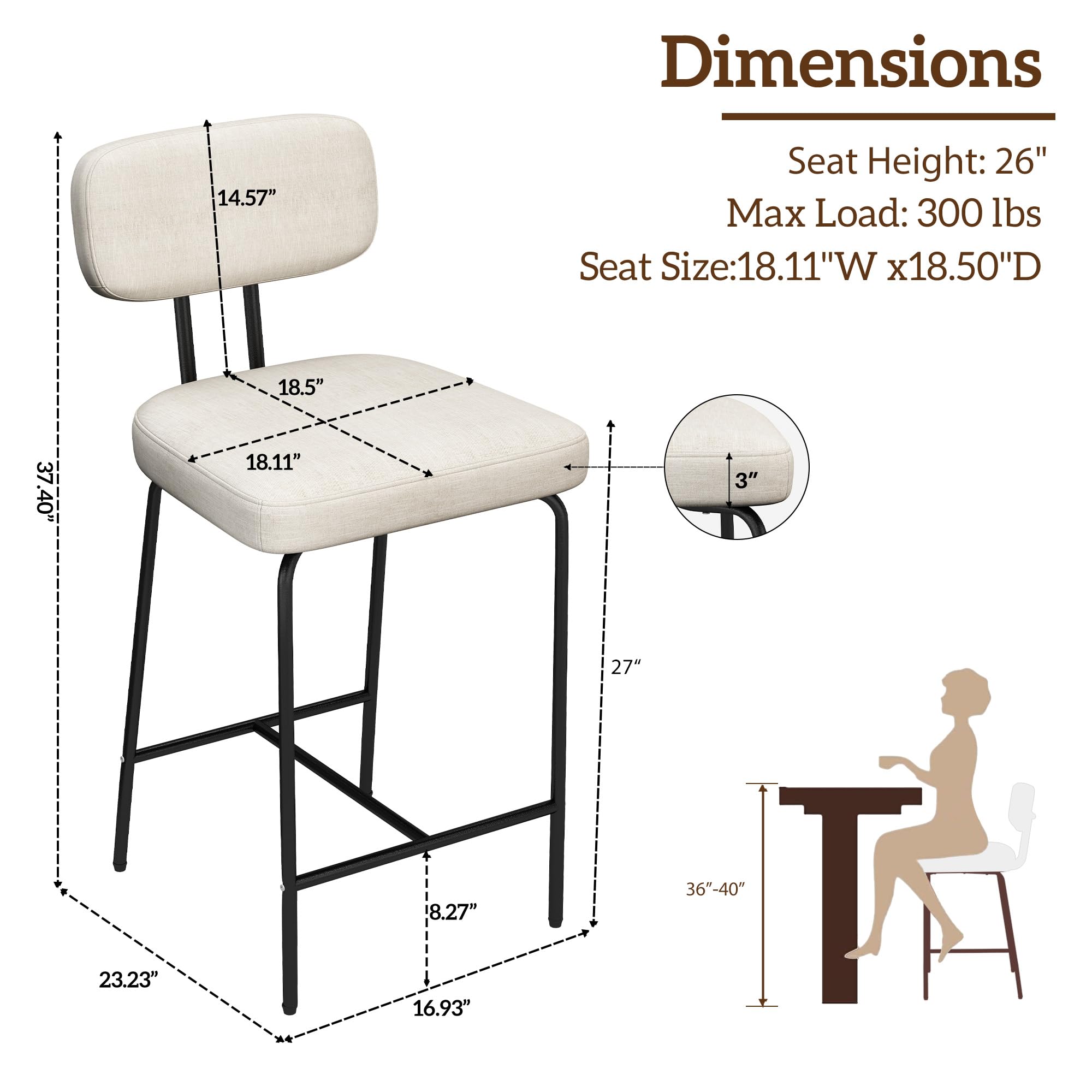 Set of 2 White Fabric Counter Height Bar Stools 26