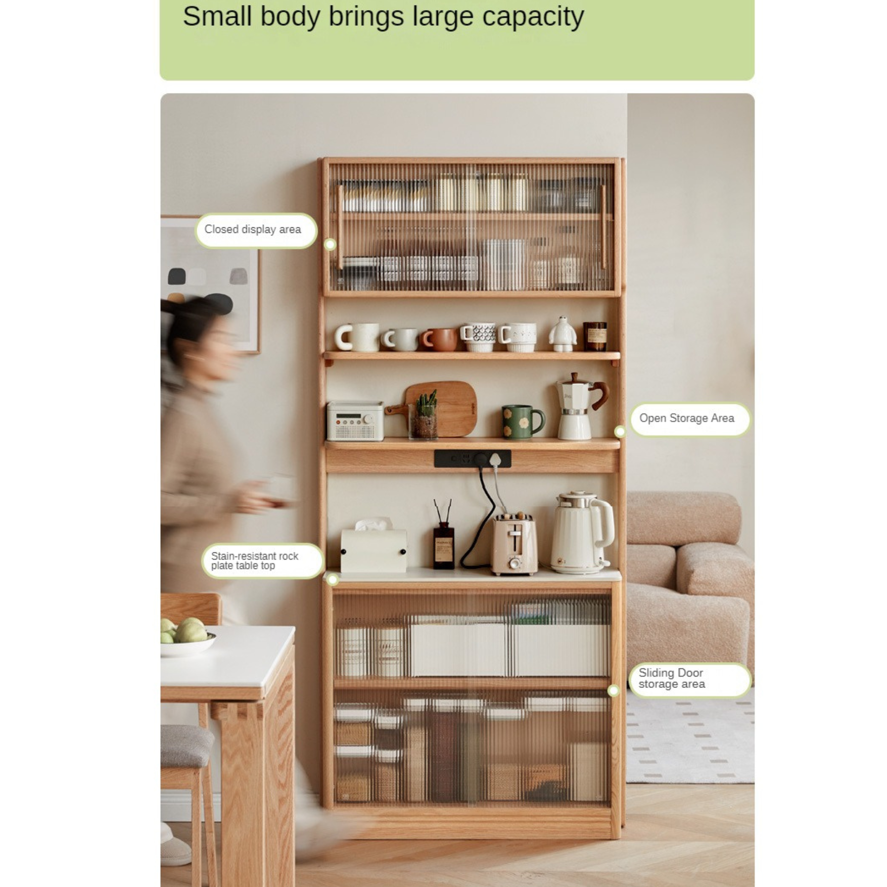 Solid Oak Wood Sideboard with Rock Board Top - Multifunctional Dining Room Storage Cabinet for Kitchen, Living Room & Entryway Organization