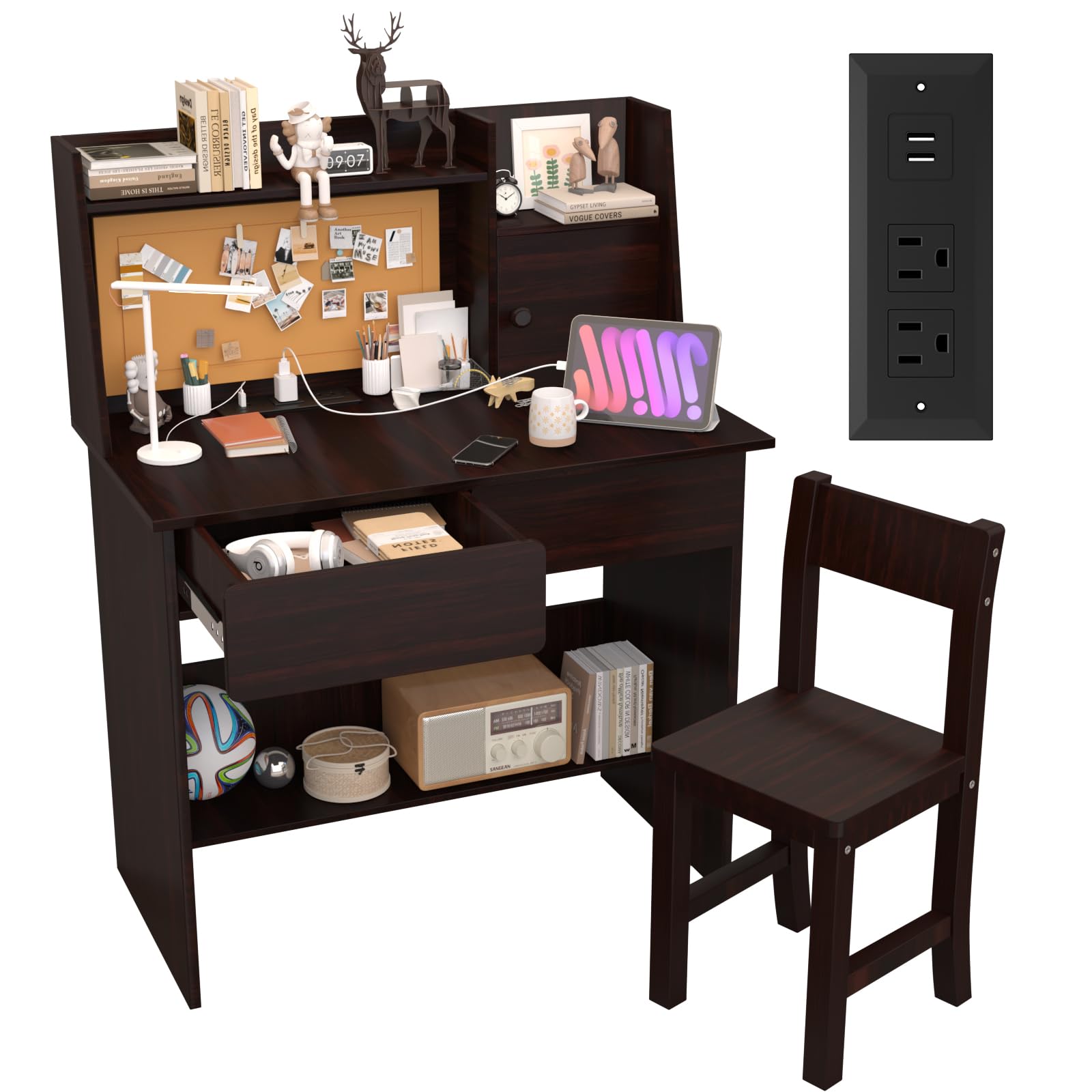 Kids Study Desk with Drawers & Storage Shelf - Espresso Wooden Computer Desk & Chair Set for Children Ages 5-12 - Study Table with USB Charging Station - Perfect for Homework, Online Learning & Bedroom Organization