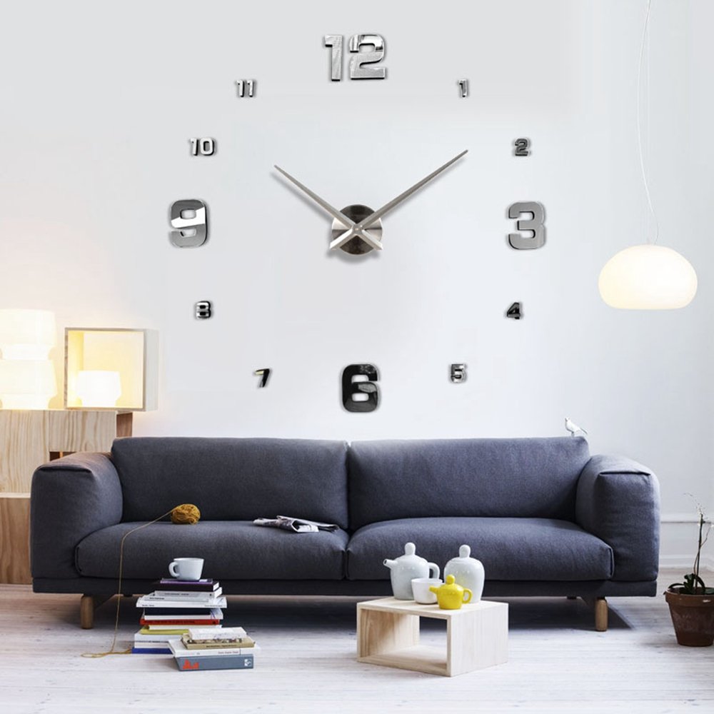 Modern 3D Frameless Large Wall Clock - Stylish Home Decor for Living Room, Bedroom & Office - DIY Wall Sticker - Big Timer (5# Silver) - Perfect for Home, Office & Gift Giving