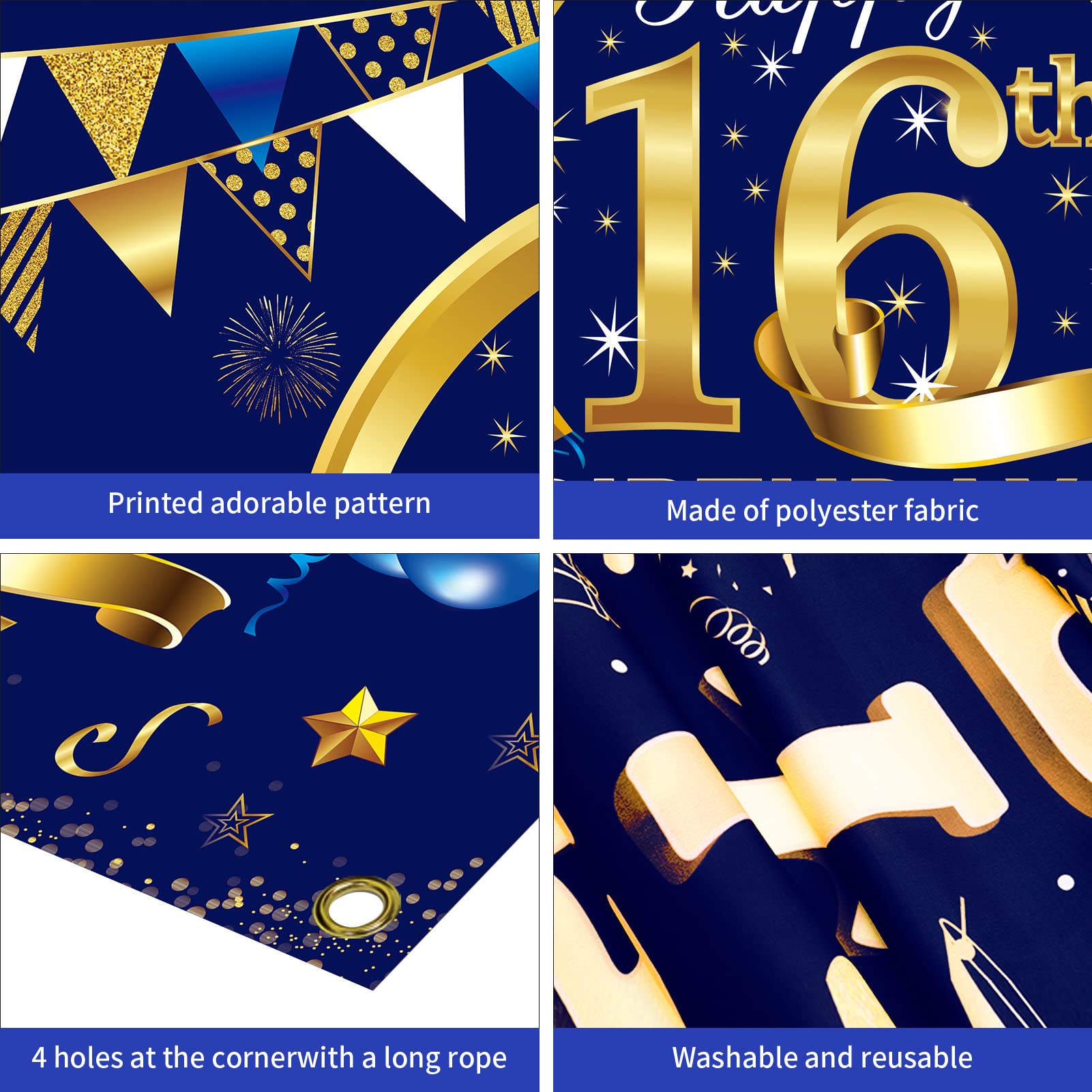 Blue & Gold 16th Birthday Banner Decorations for Boys - Happy Sixteen Party Backdrop, Photo Props & Sign - Perfect for Sweet 16 Celebrations, Teen Parties & Photo Booths