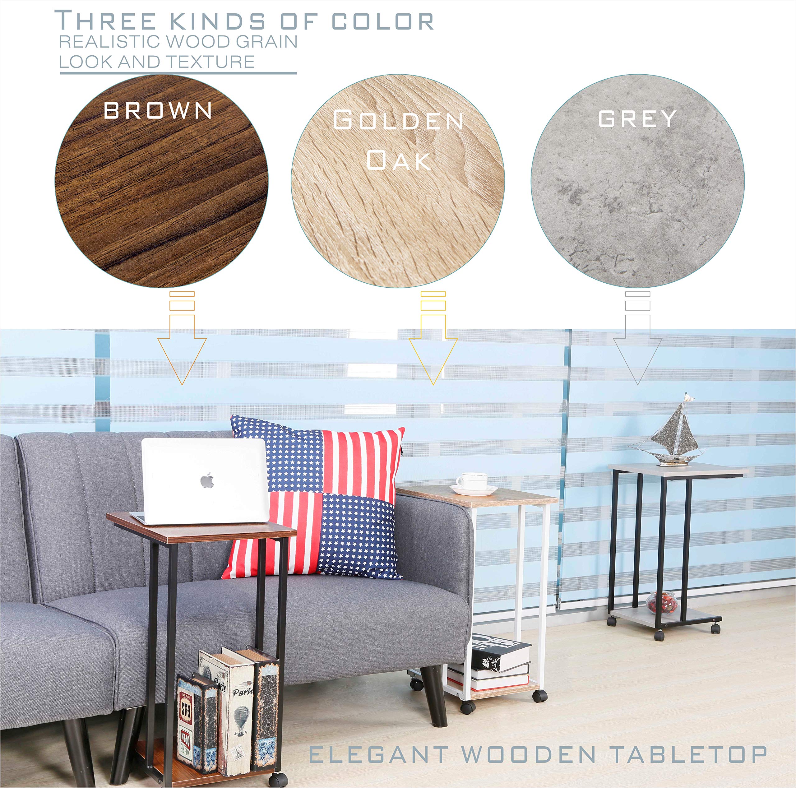 JJS Side End C Table for Sofa - Slim Slide Under Couch Table with Storage, Oak/White Finish - Perfect Snack Table for Small Spaces in Living Room, Bedroom or Dorm